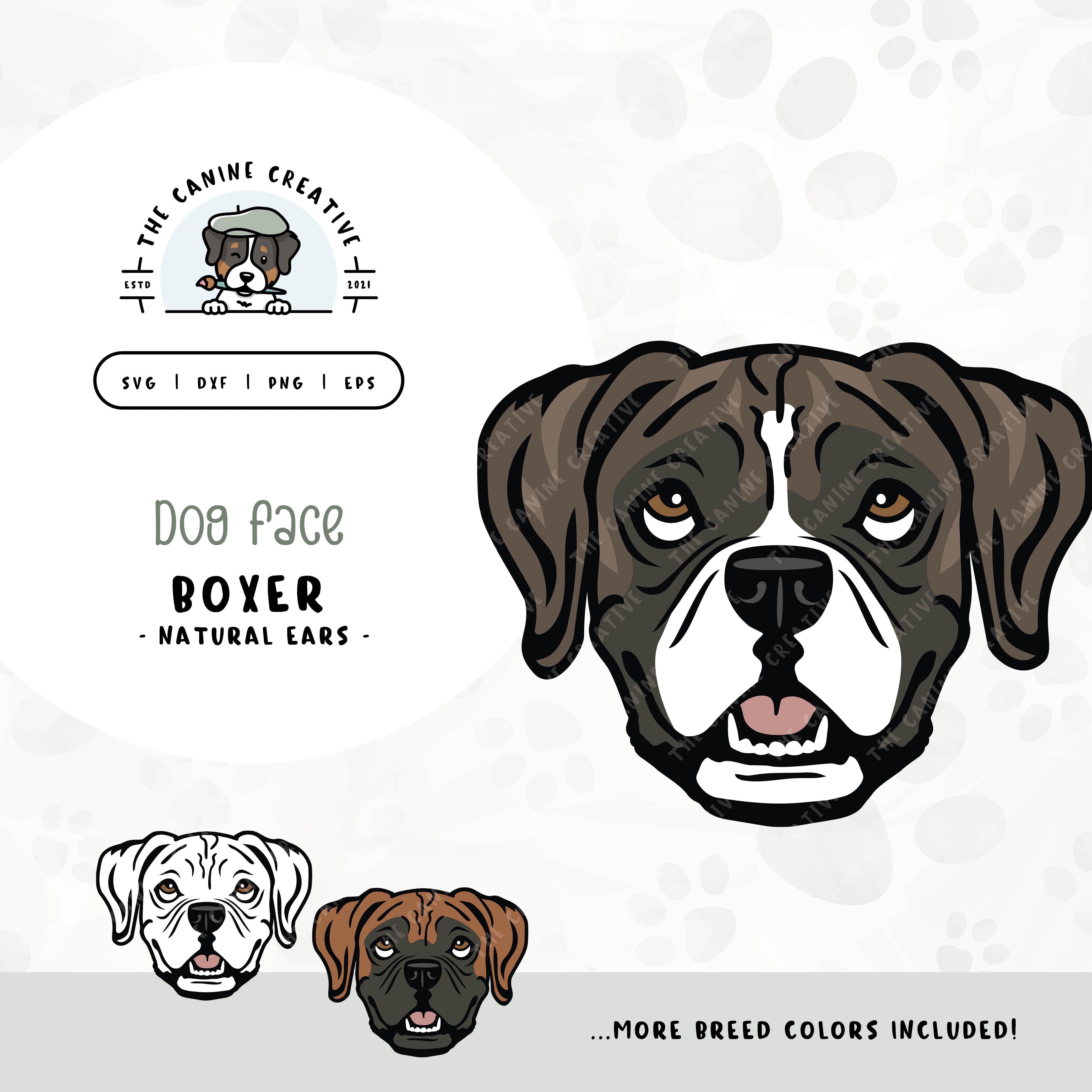 This illustrated design features a Boxer dog face with floppy ears. File formats include: SVG, DXF, PNG, and EPS.