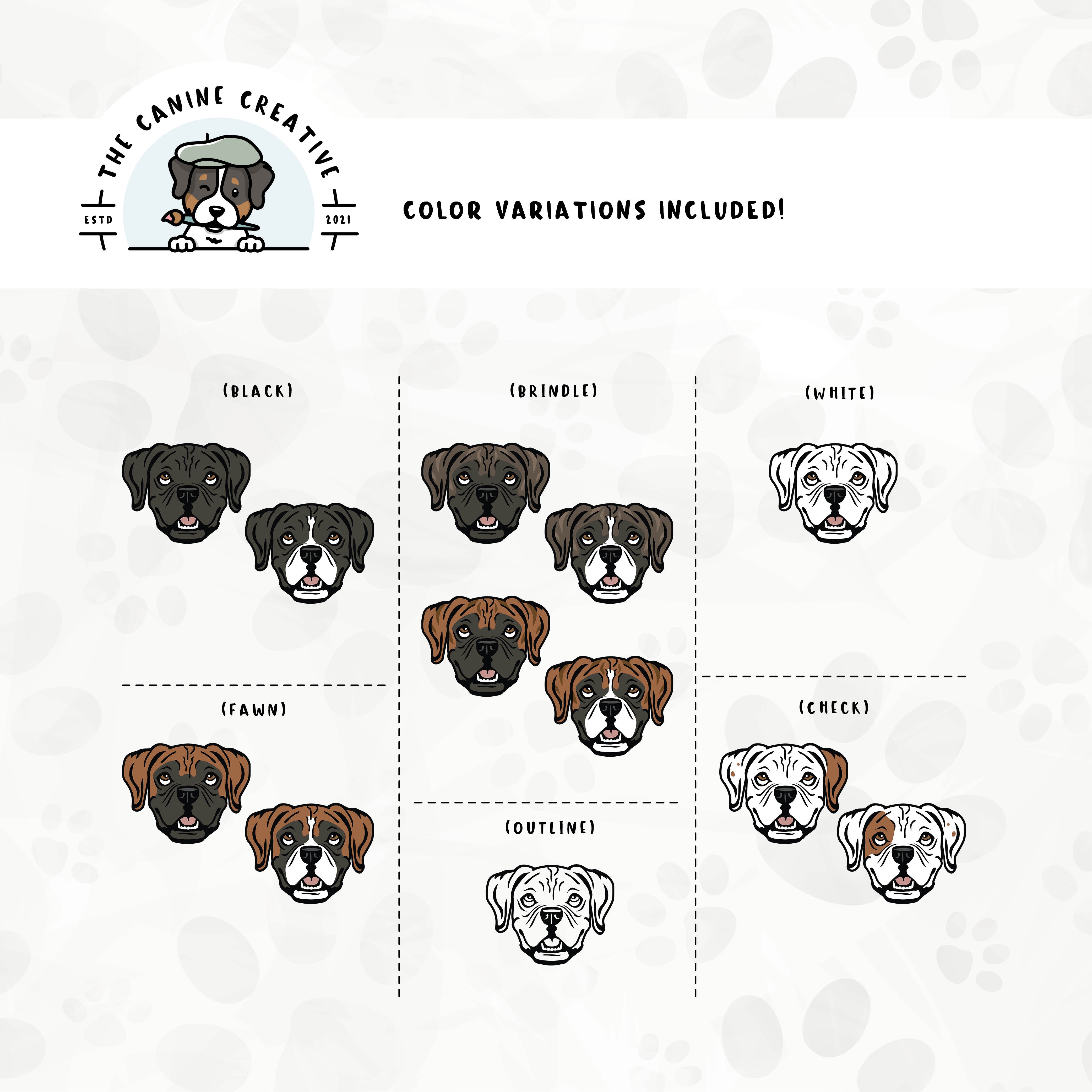 Dog color variations for this Boxer dog design set includes common color and marking variations found in this breed (white, fawn, black, brindle, flashy, classic, and check), as well as an outline option.