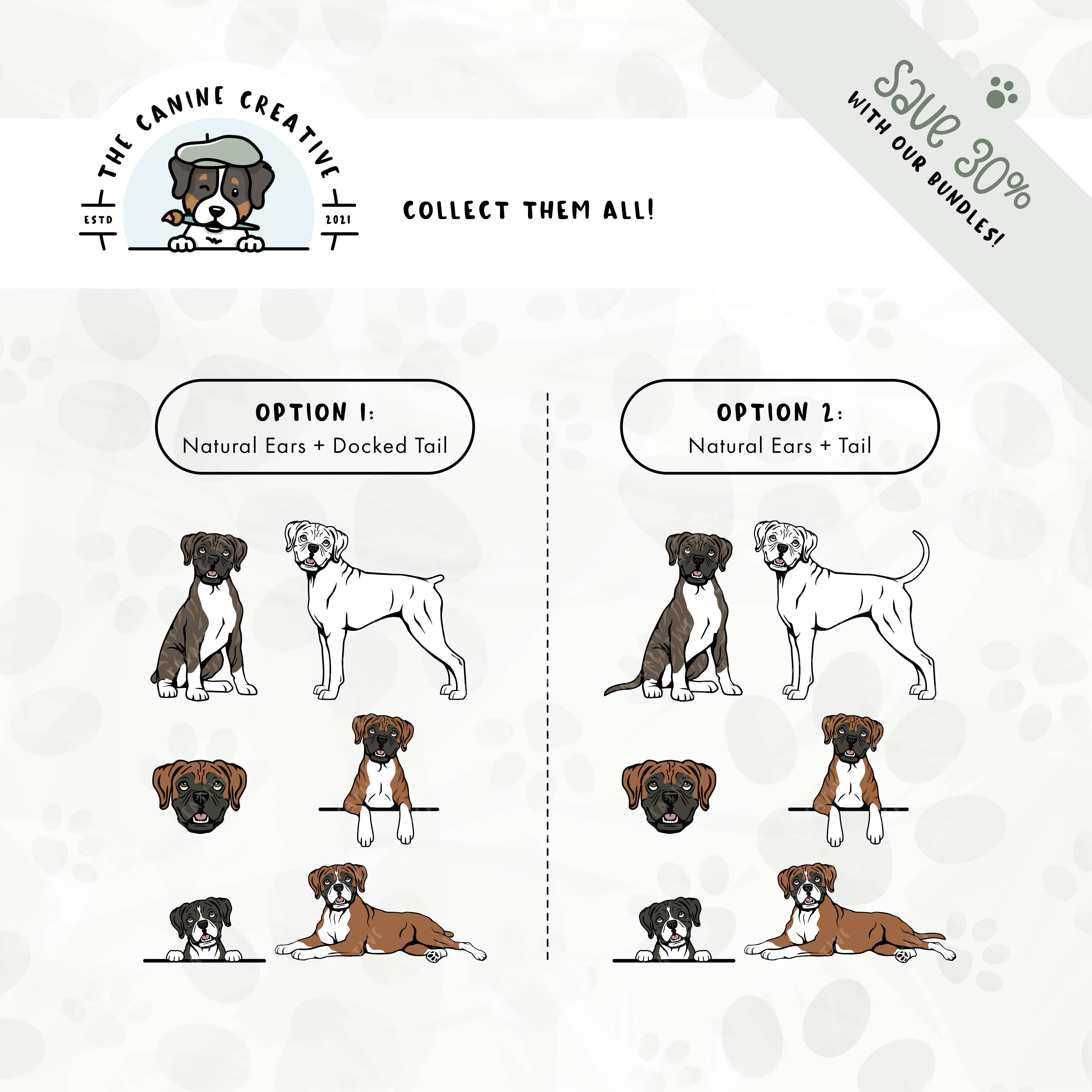 Save 30% with one of our related 6-pack Boxer dog design bundles: floppy ear/docked tail edition or floppy ear/long tail edition!