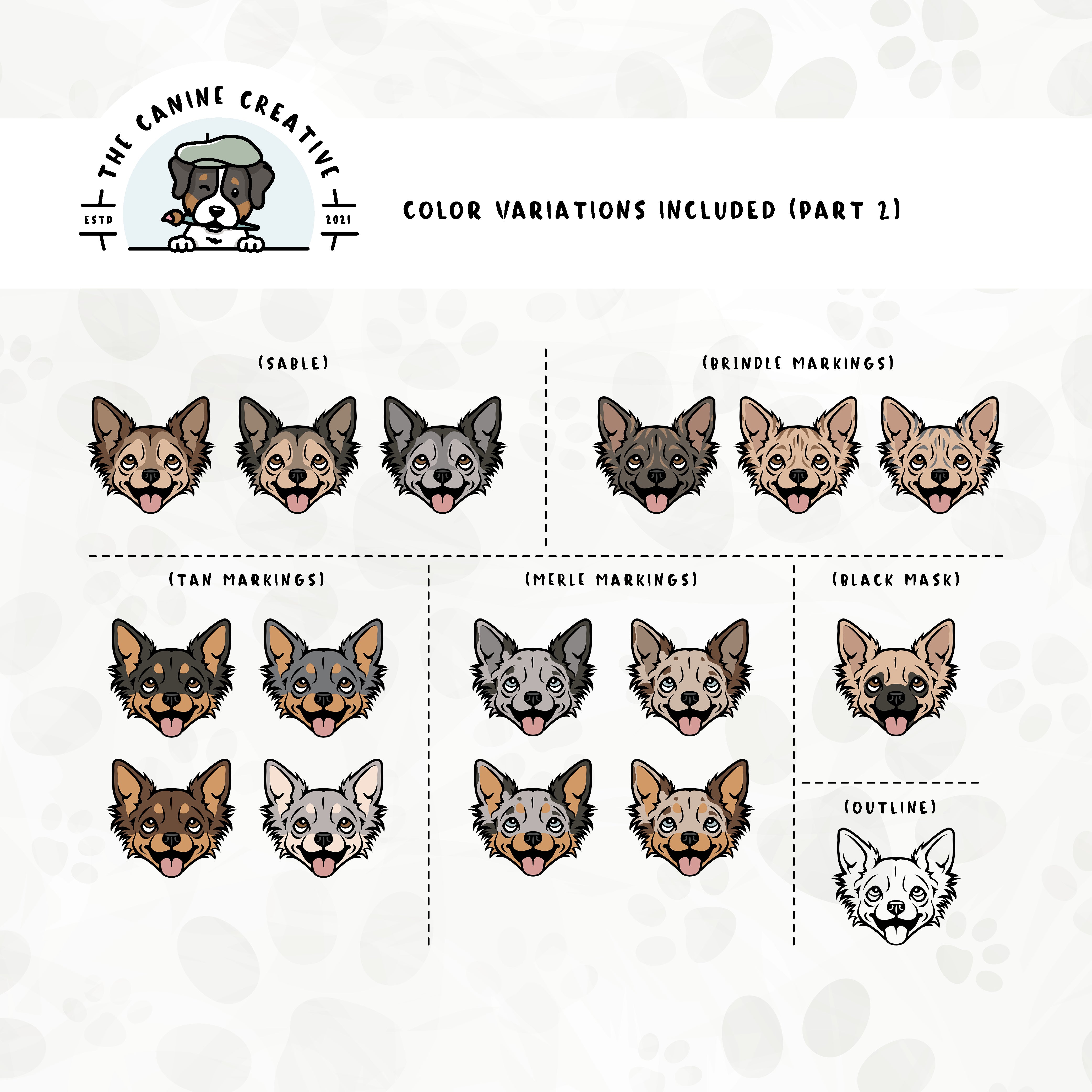 Part 2 of this design set features Chihuahuas with spotted, sable, tan, tri-color, merle, brindle, and black mask markings, along with an outline option.