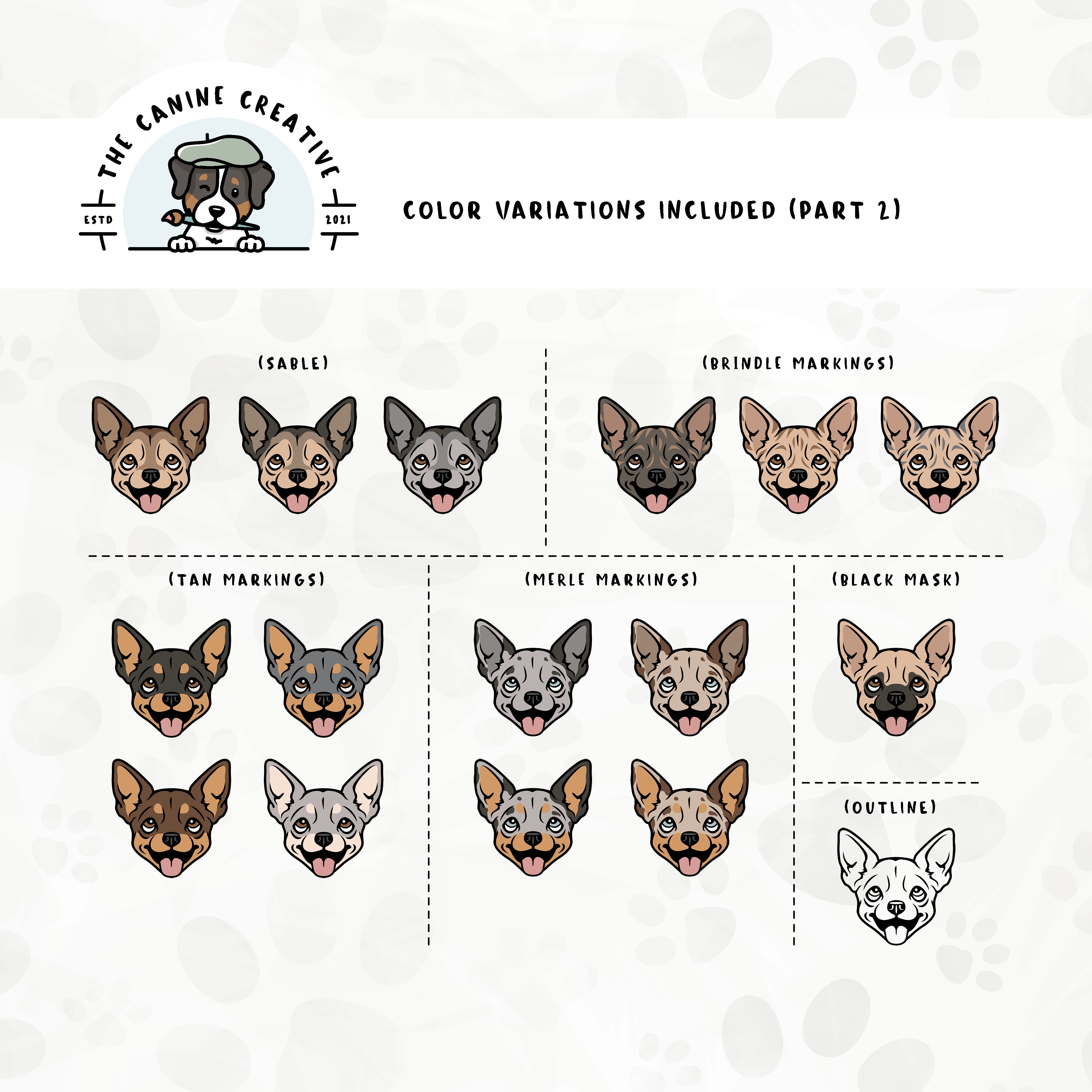 Part 2 of this design set features Chihuahuas with spotted, sable, tan, tri-color, merle, brindle, and black mask markings, along with an outline option.