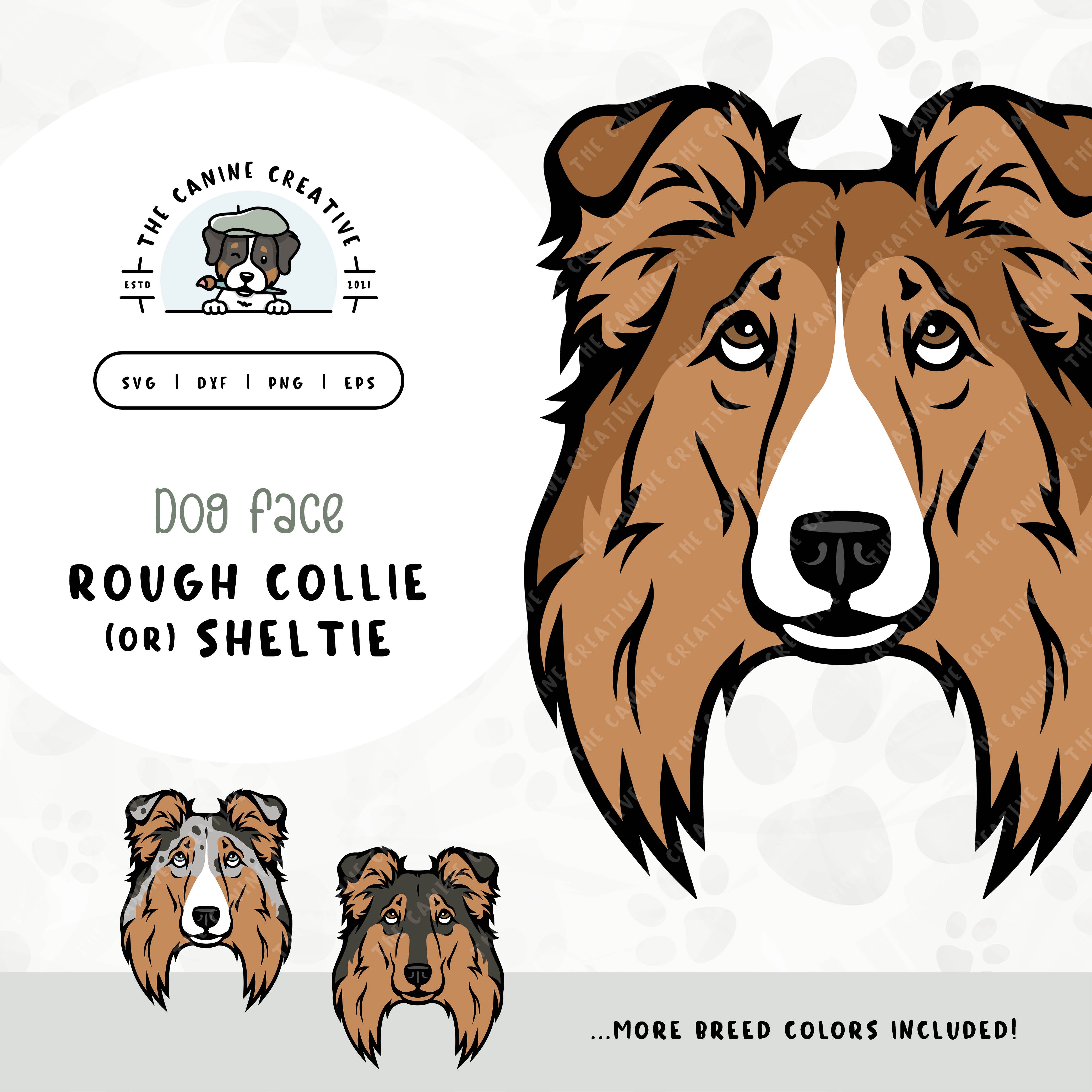 This hand-drawn, illustrated, dog face design bundle features a various colors of Rough Collies or Shetland Sheepdogs. File formats include: SVG, DXF, PNG, and EPS.