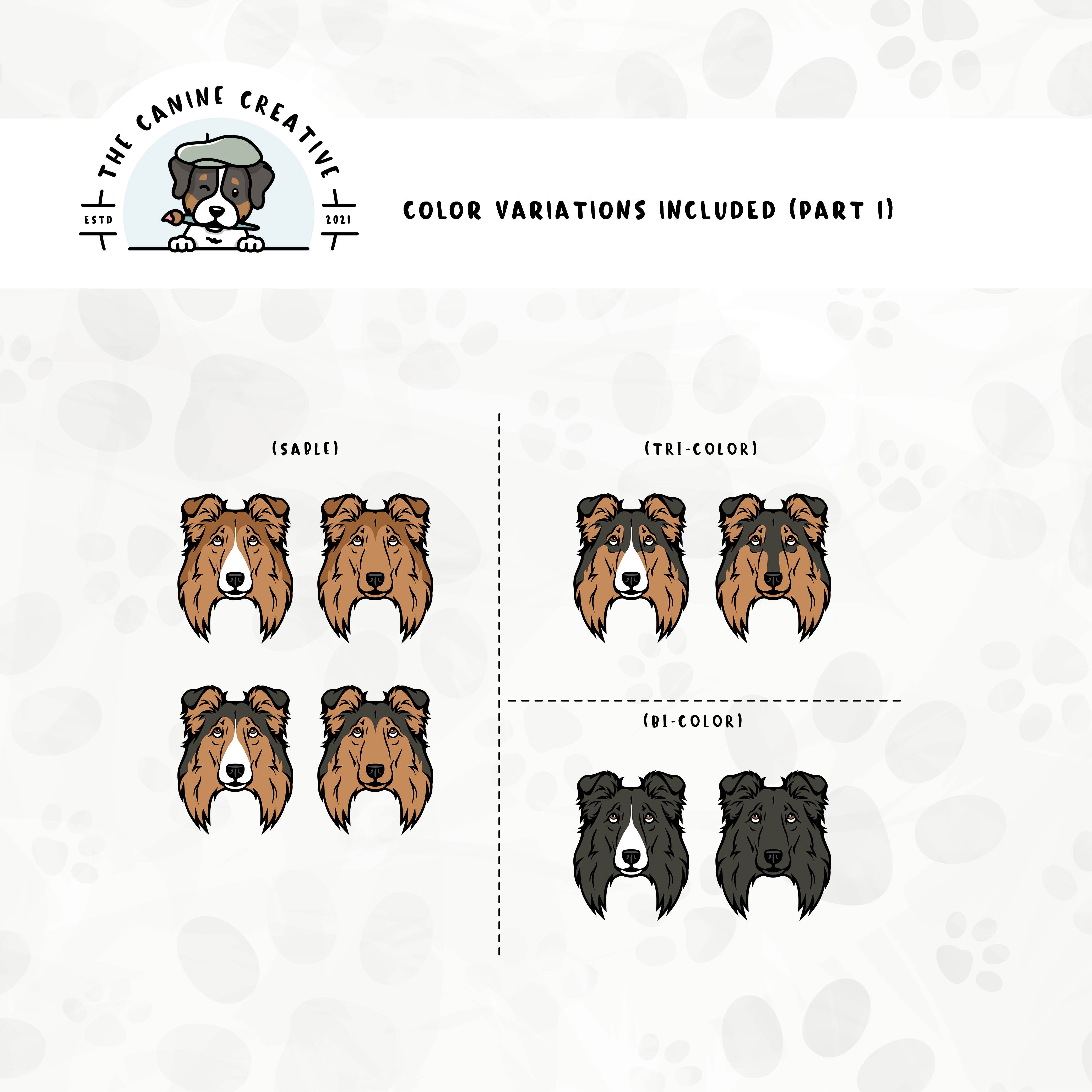 Part 1 of dog color variations for this design bundle includes bi-black, sable, and tri-color in standard and white-factored markings.