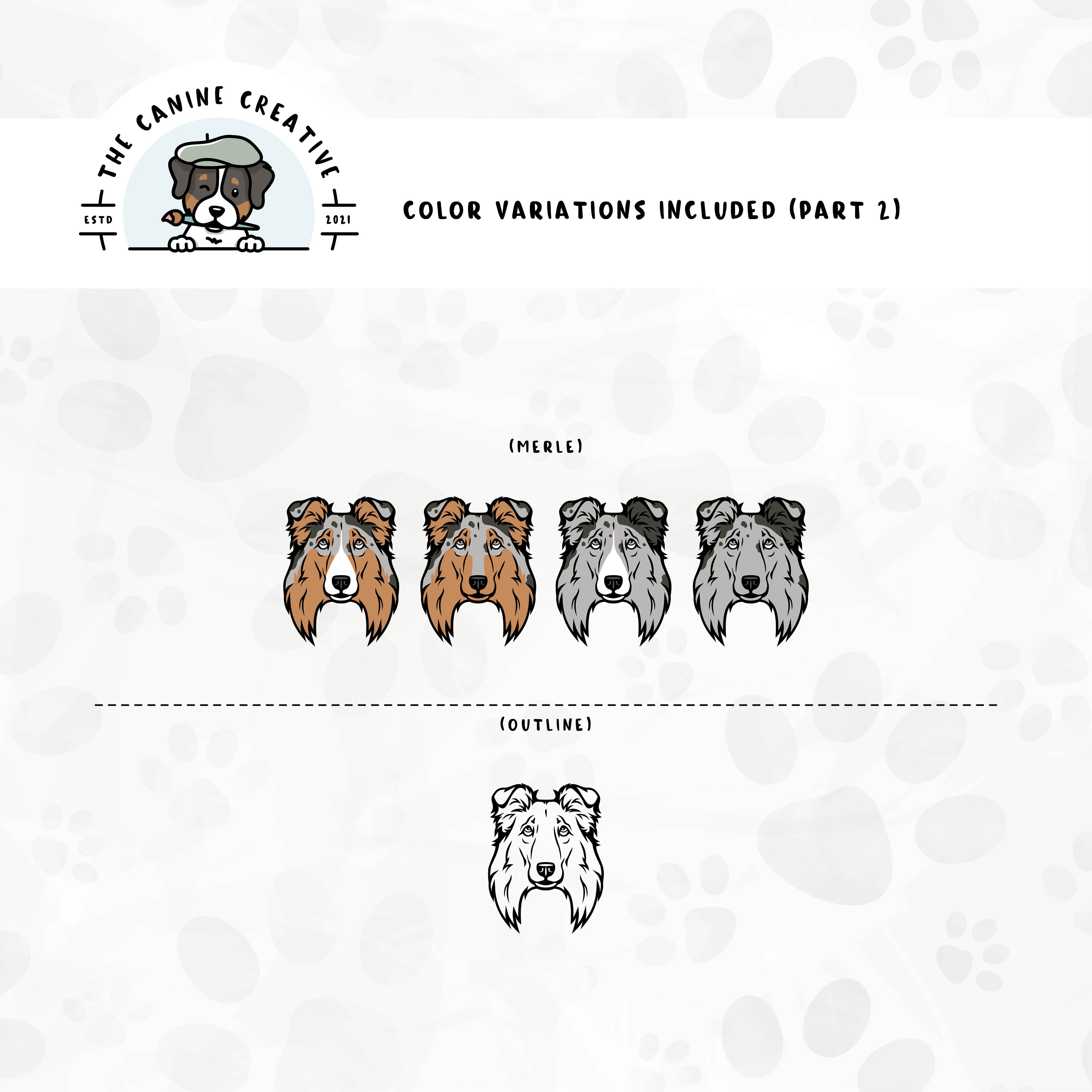 Part 2 of dog color variations for this design bundle includes bi-blue and merle in standard and white-factored markings as well as an outline version.