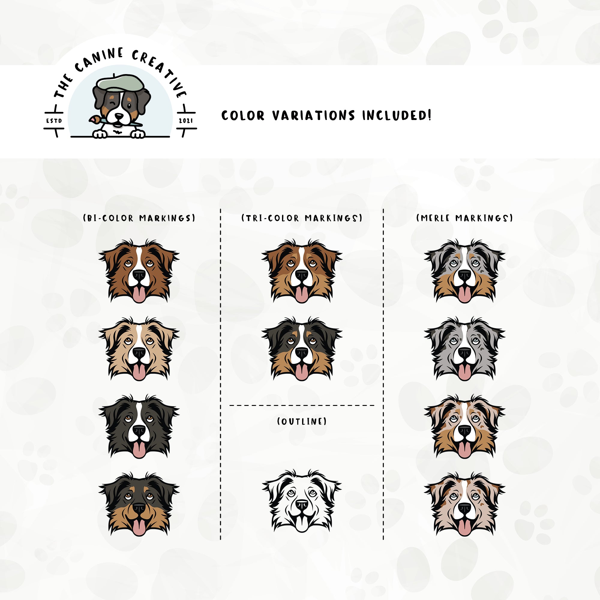 Dog color variations for this design set includes common color and marking variations found in Aussies (bi, tri, and Merle), as well as an outline option. 