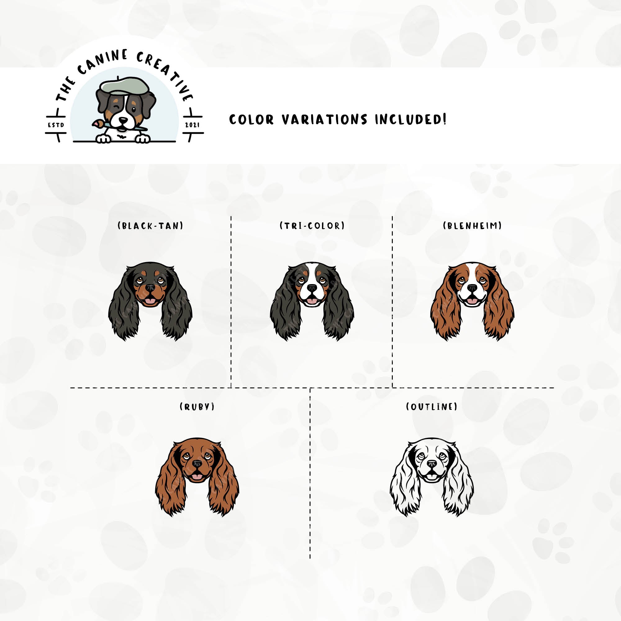 Dog color variations for this Cavalier King Charles Spaniel design set includes common color and marking variations found in this breed (blenheim, tri-color, black-tan, and ruby), as well as an outline option.