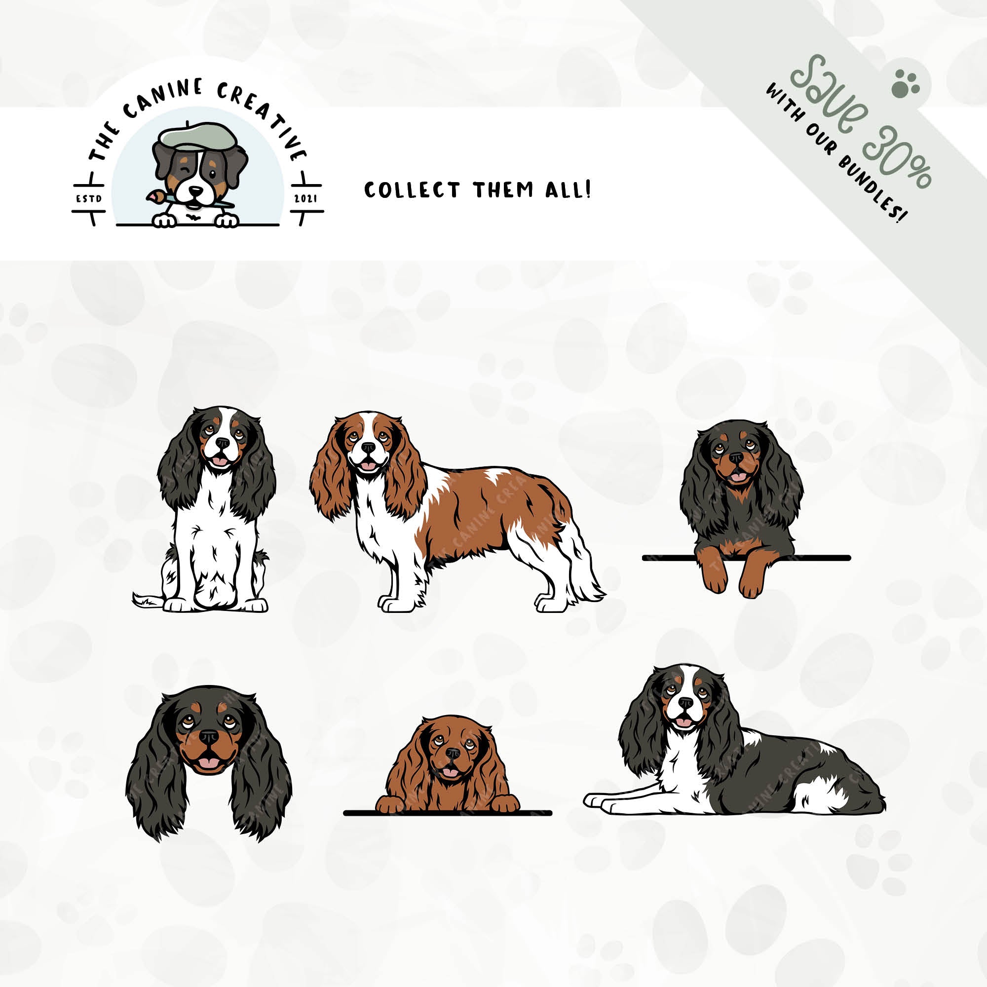 Save 30% with our related 6-pack Cavalier King Charles Spaniel design bundle!