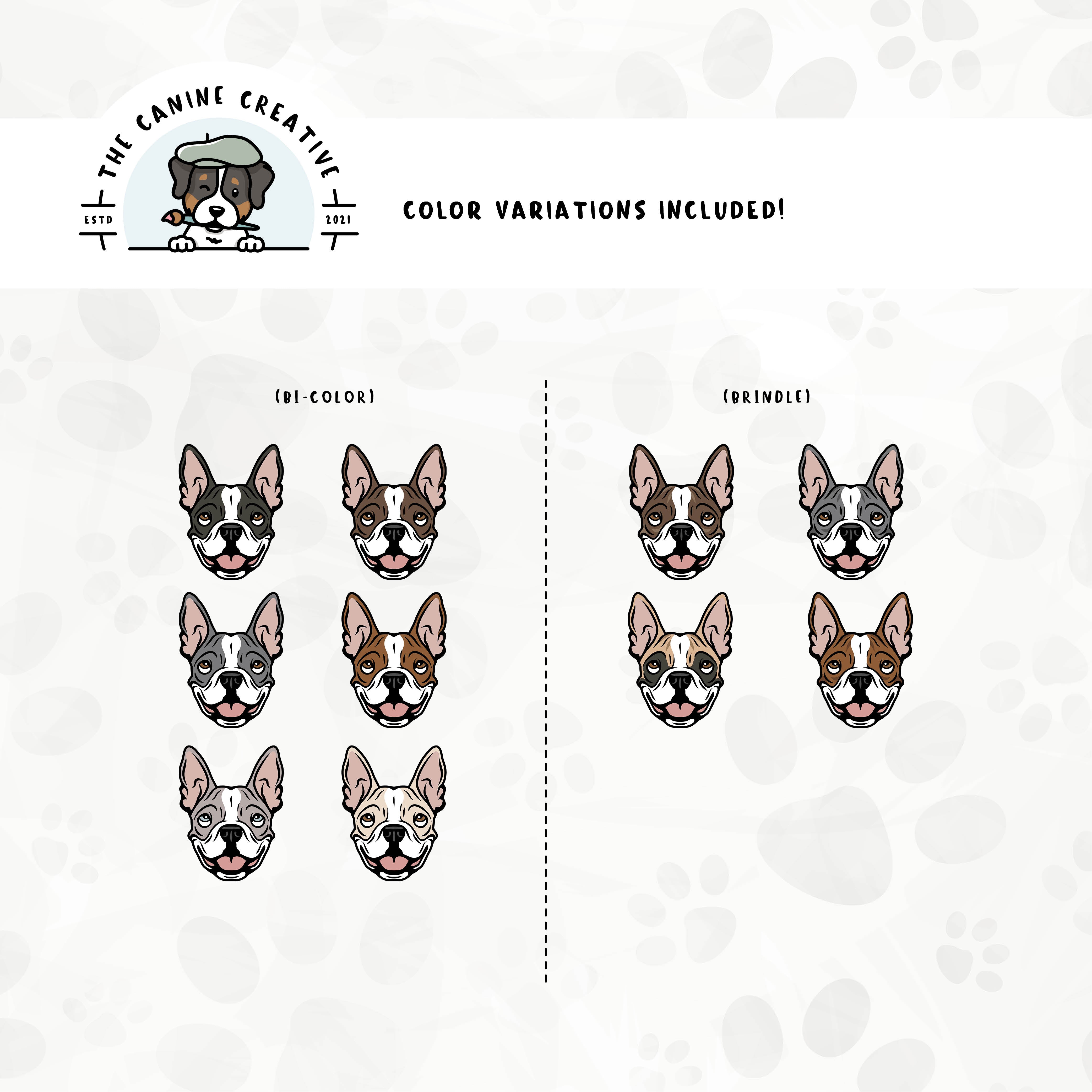 Part 1 of dog color variations for this Boston design set includes multiple bi-color and brindle markings.