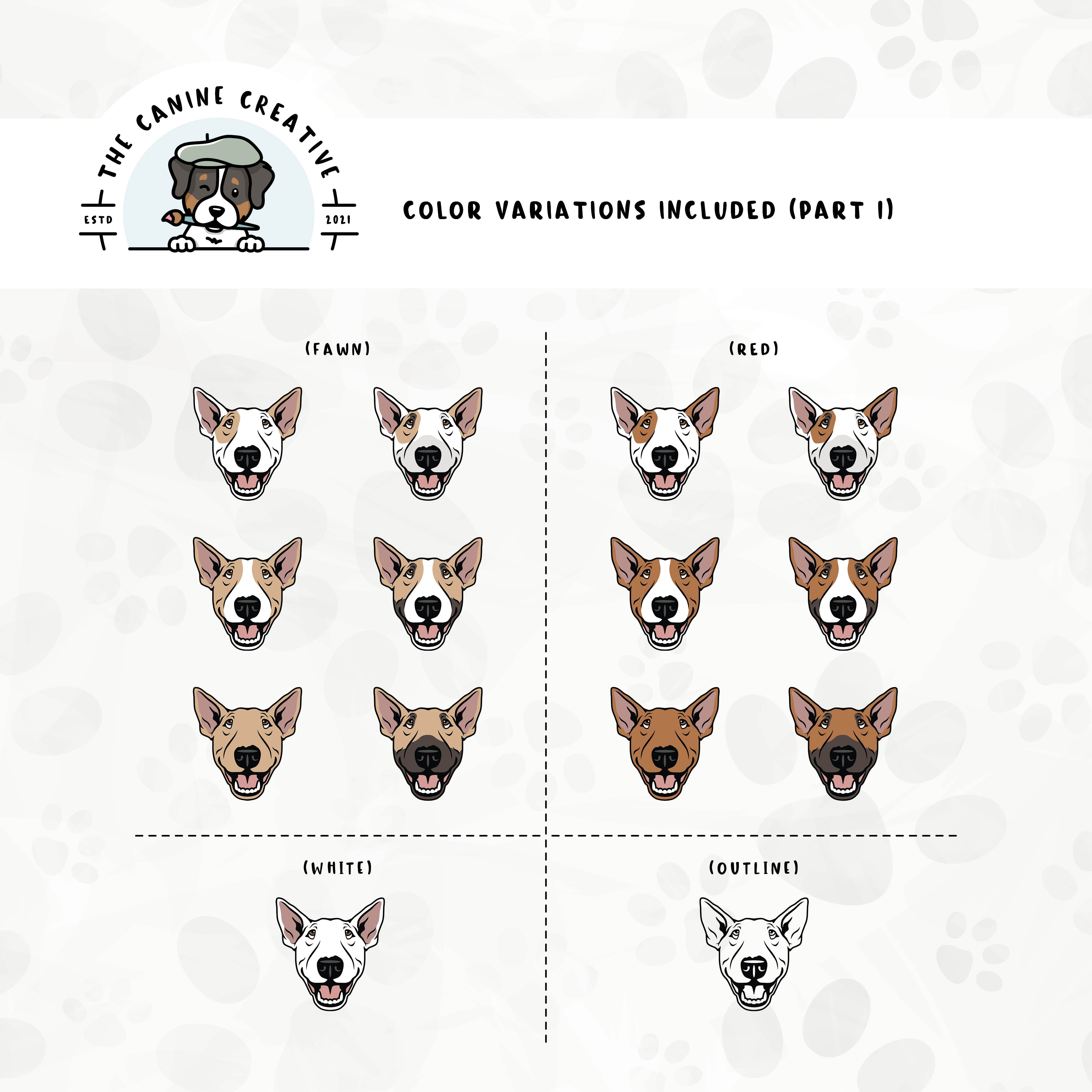 Part 1 of dog color variations for this design set includes common color and marking variations found in this Bully breed (white, bi-color, and smut), as well as an outline option. 
