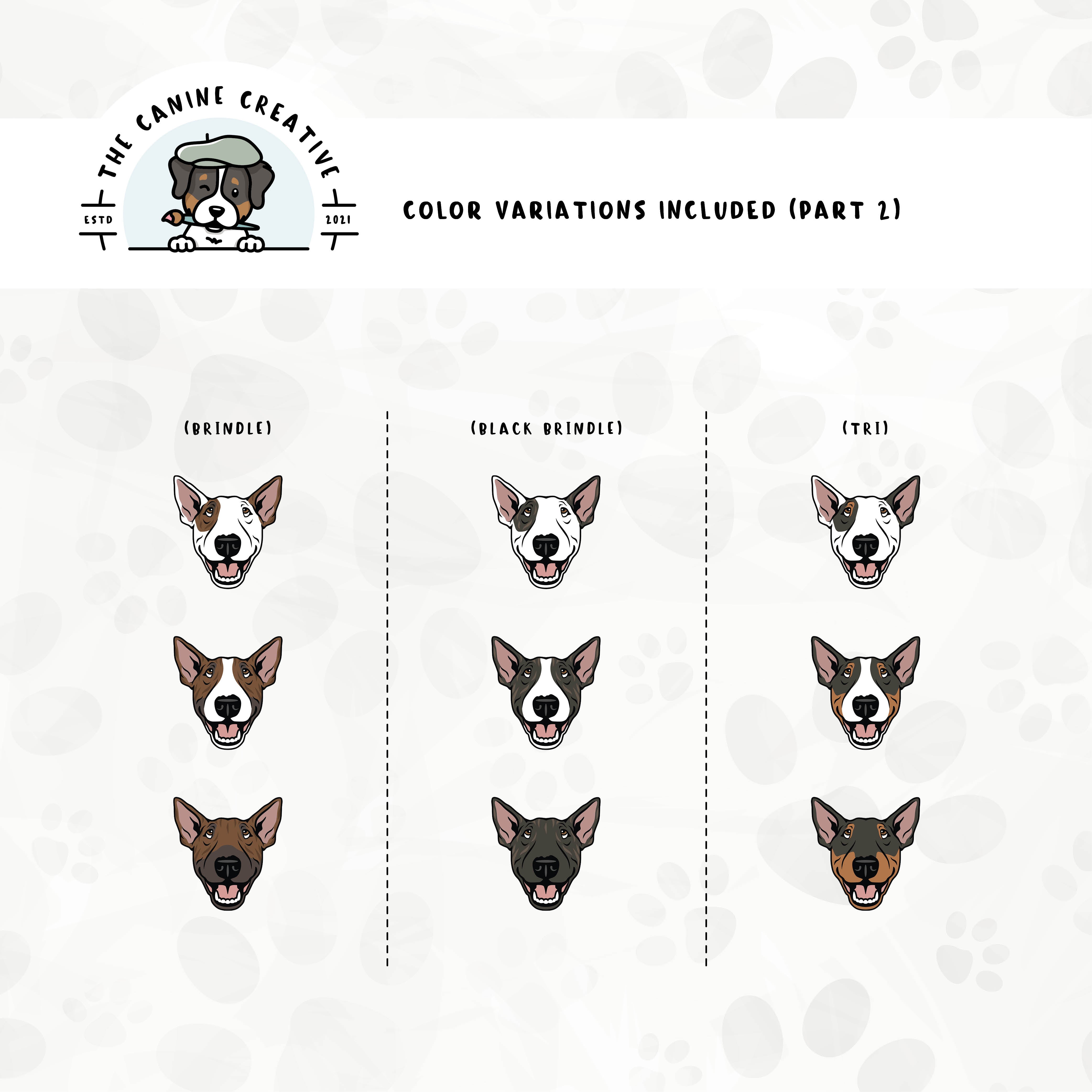 Part 2 of dog color variations for this design set includes common color and marking variations found in this Bully breed (brindle and tri-color).