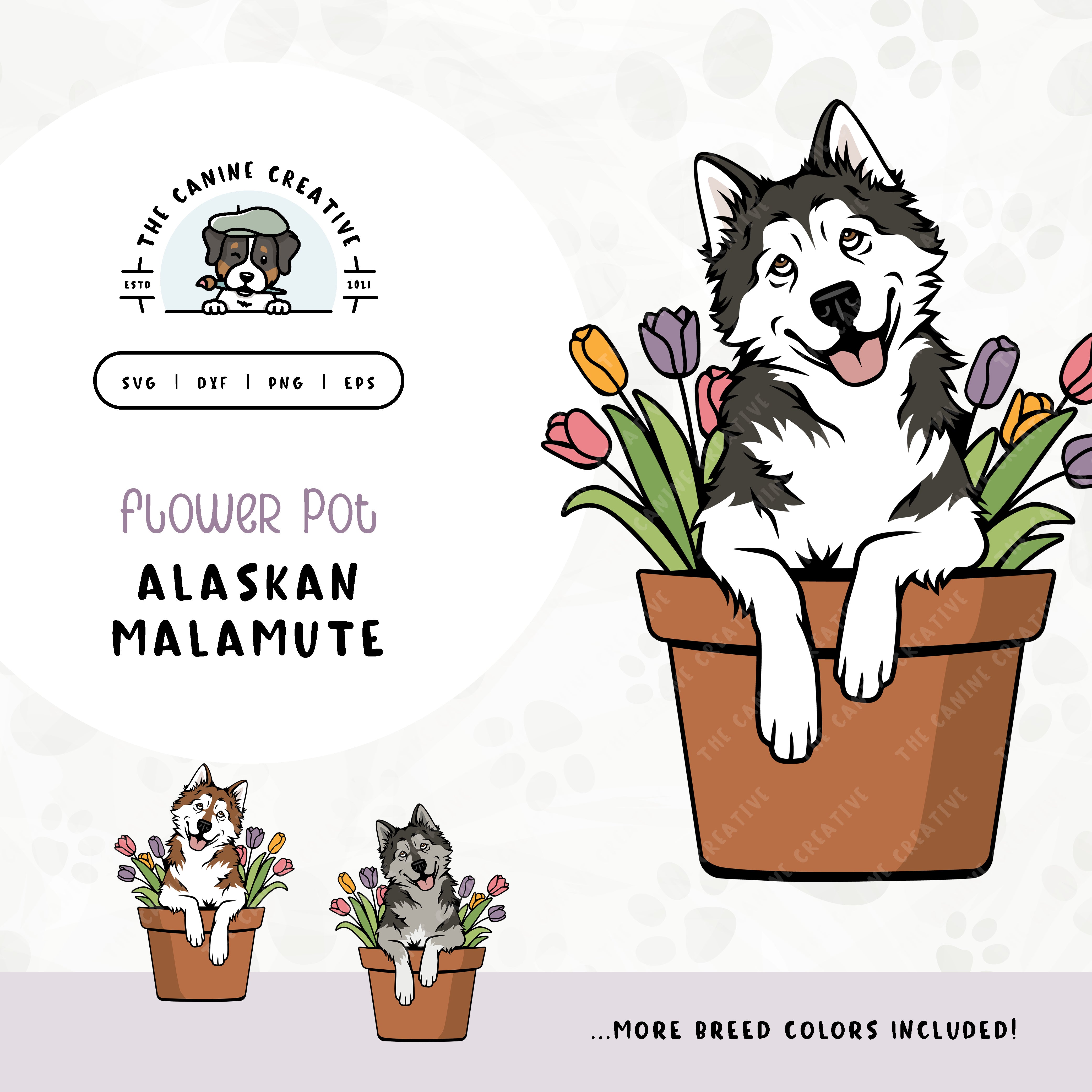 This springtime illustration features an Alaskan Malamute peeking out of a pot of vibrant tulips. File formats include: SVG, DXF, PNG, and EPS.
