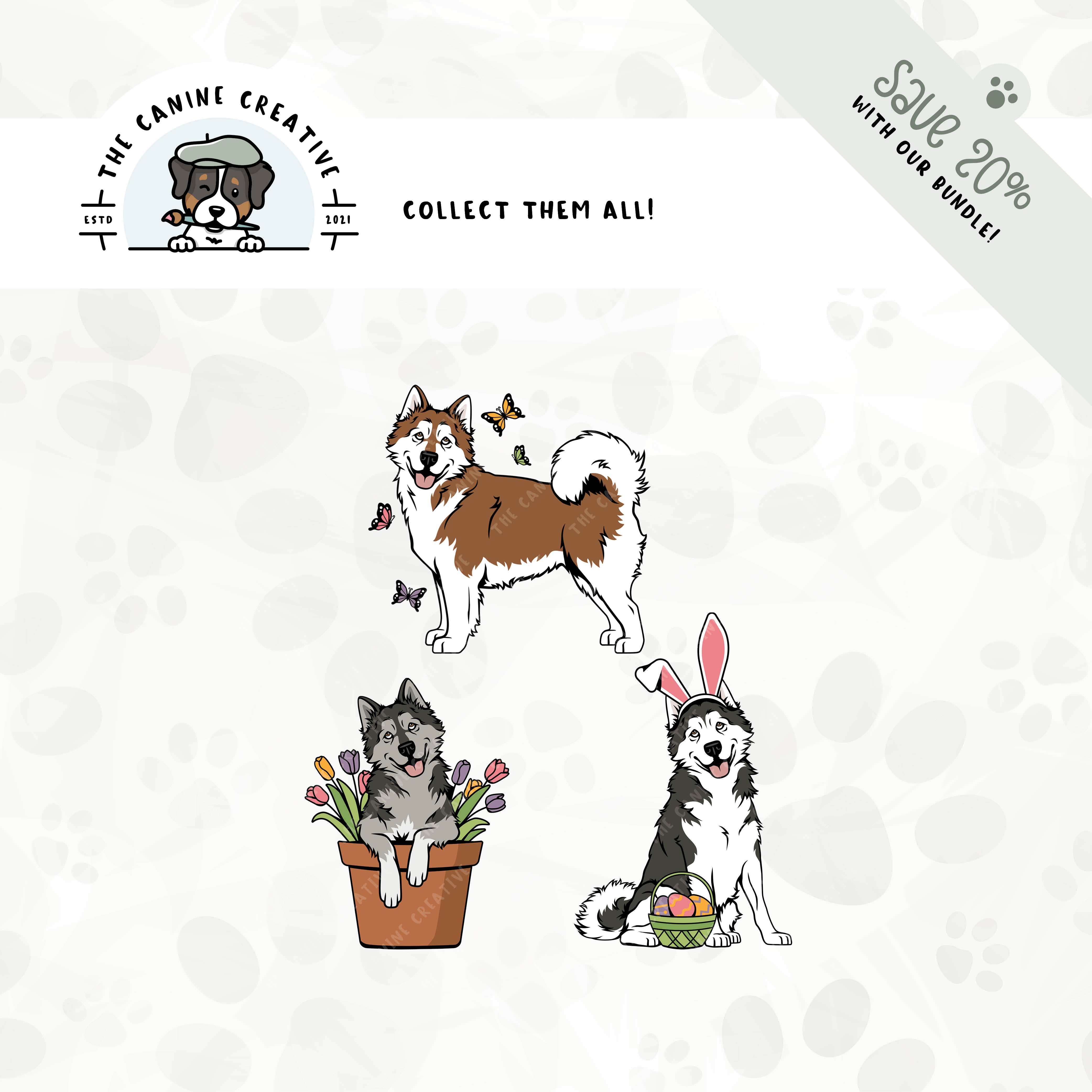 Save 20% with our related 3-pack springtime design bundle featuring Alaskan Malamutes!