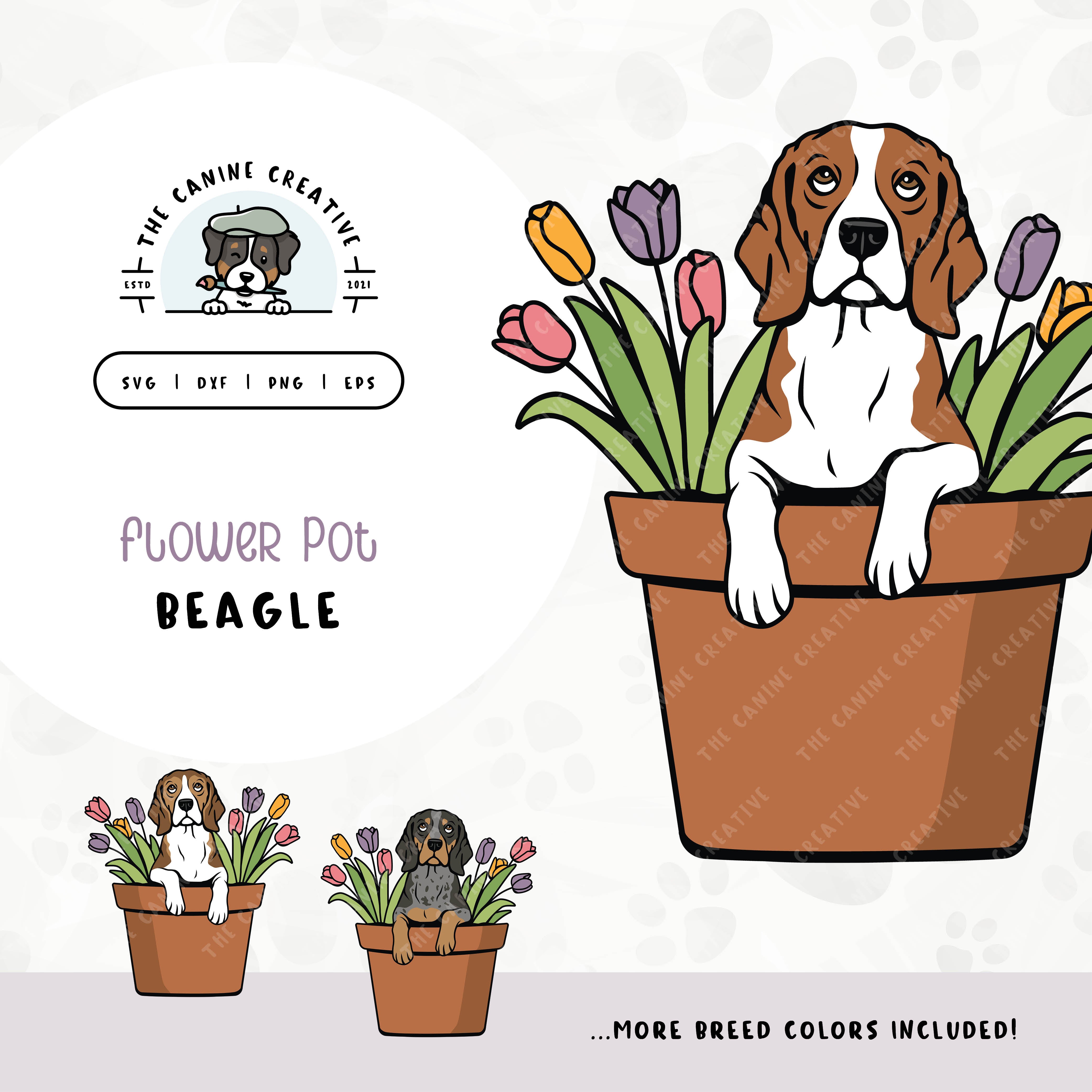 This springtime illustration features a Beagle peeking out of a pot of vibrant tulips. File formats include: SVG, DXF, PNG, and EPS.