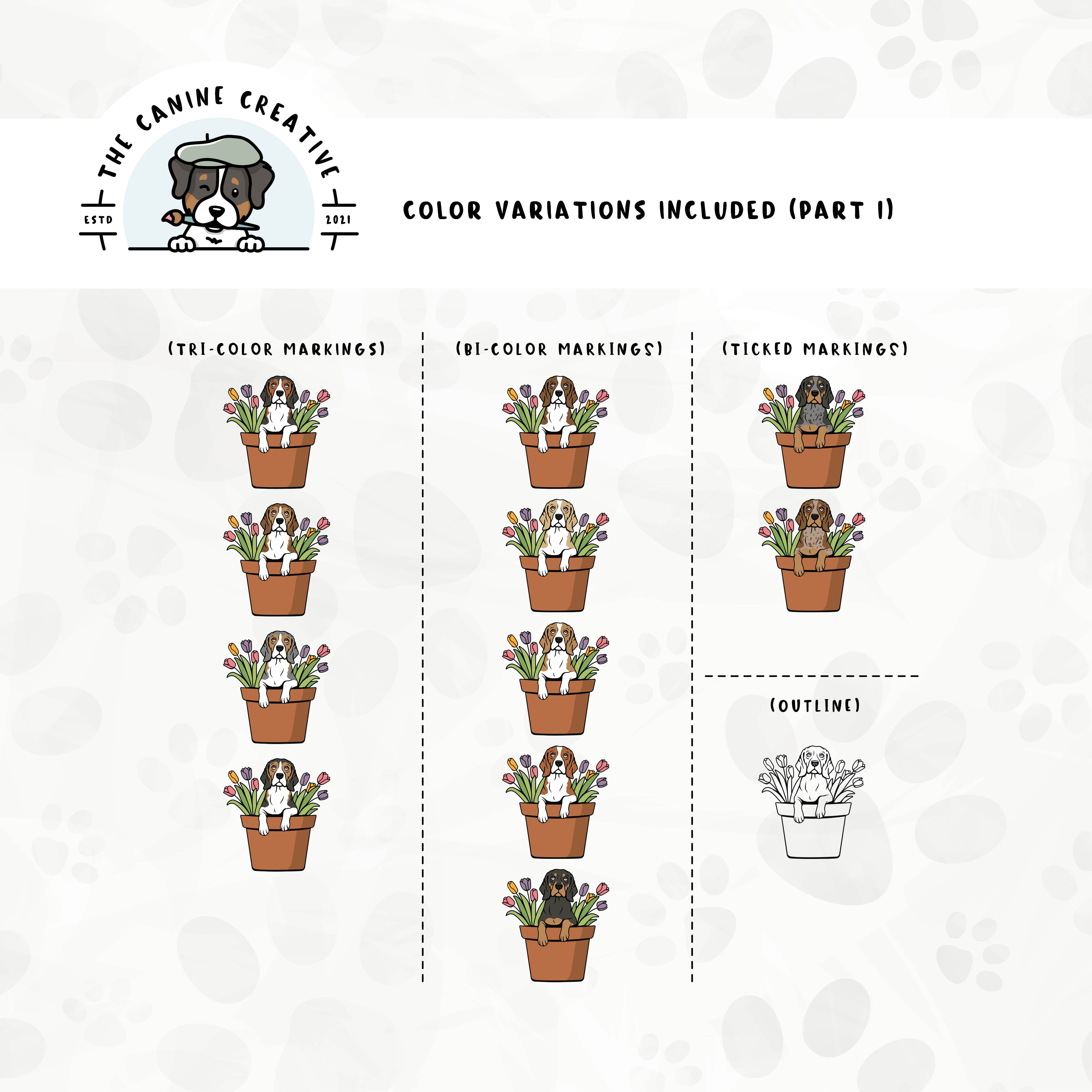 Dog color variations for this design set includes common color and marking variations found in Beagles (bi-color, tri-color, and ticked), as well as an outline option. 