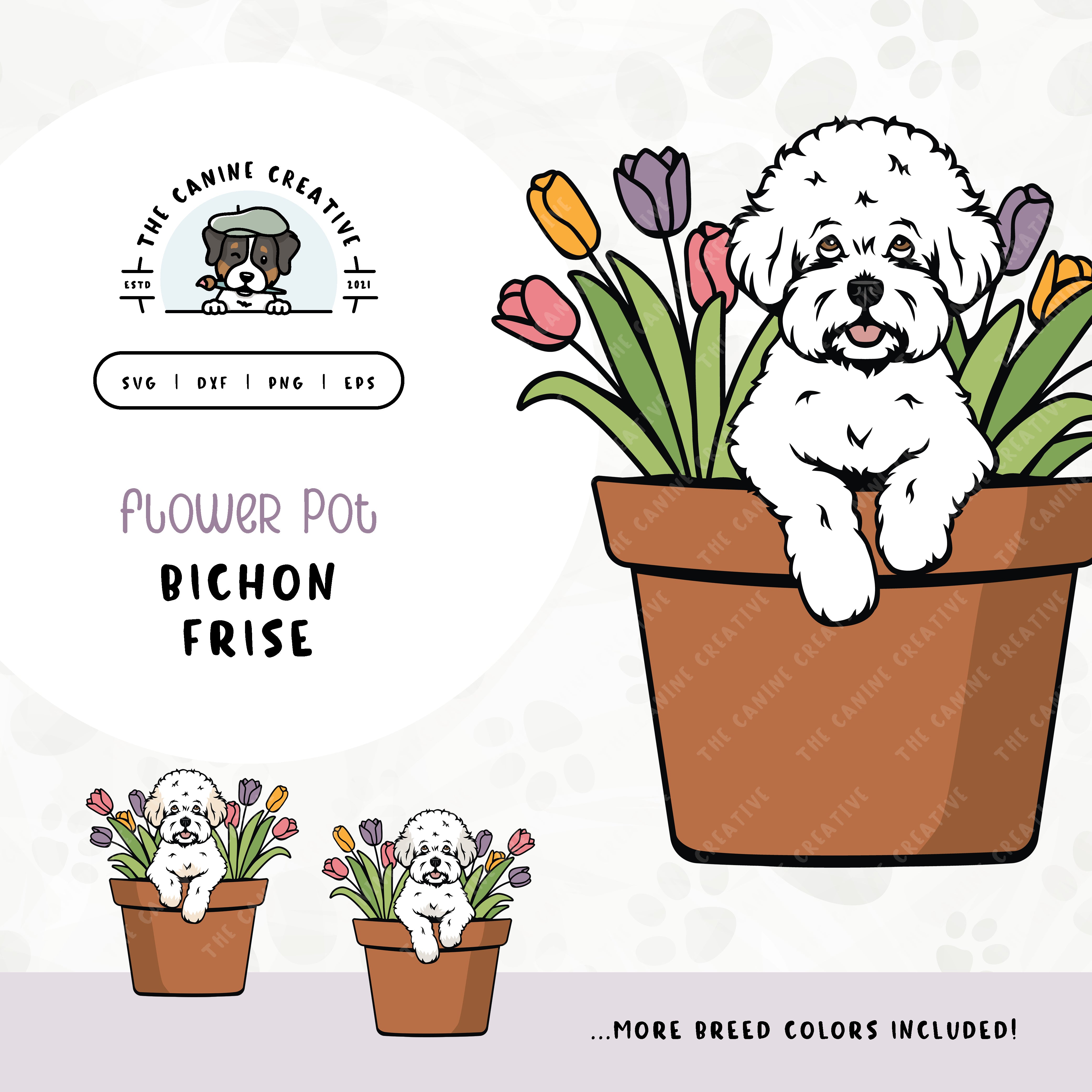 This springtime illustration features a Bichon Frise peeking out of a pot of vibrant tulips. File formats include: SVG, DXF, PNG, and EPS.