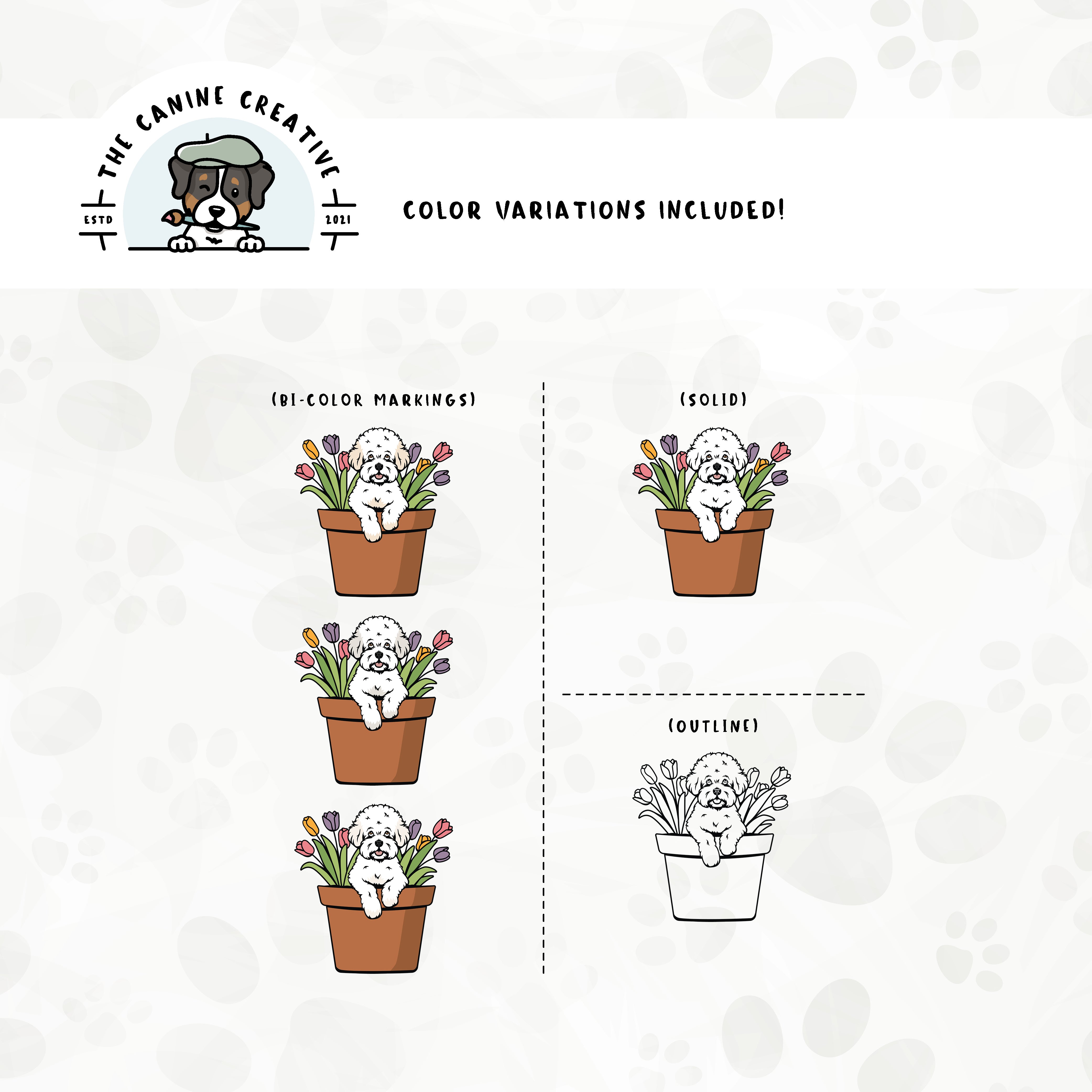 Dog color variations for this design set includes common color and marking variations found in Bichons (white, buff, apricot, and cream), as well as an outline option. 