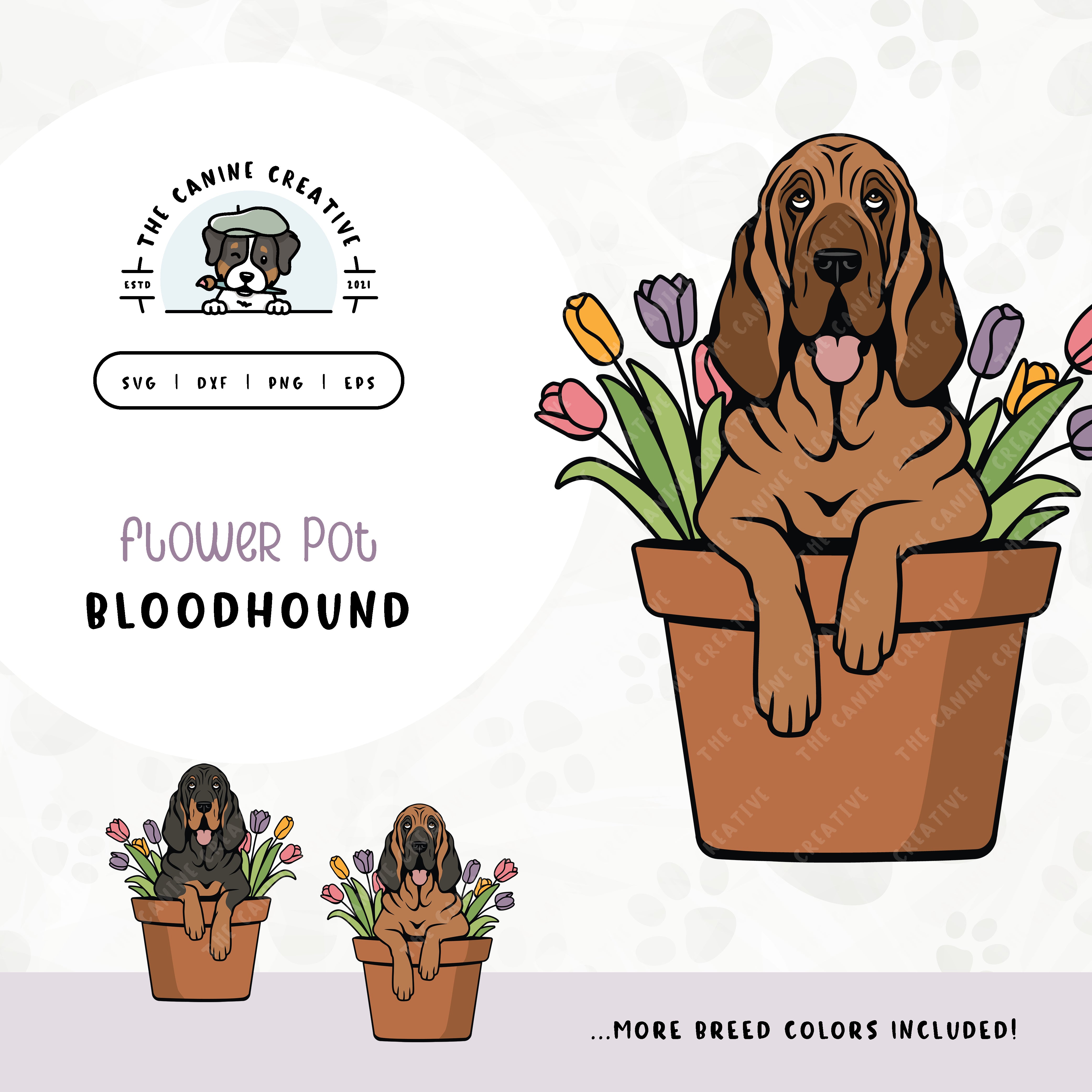 This springtime illustration features a Bloodhound peeking out of a pot of vibrant tulips. File formats include: SVG, DXF, PNG, and EPS.