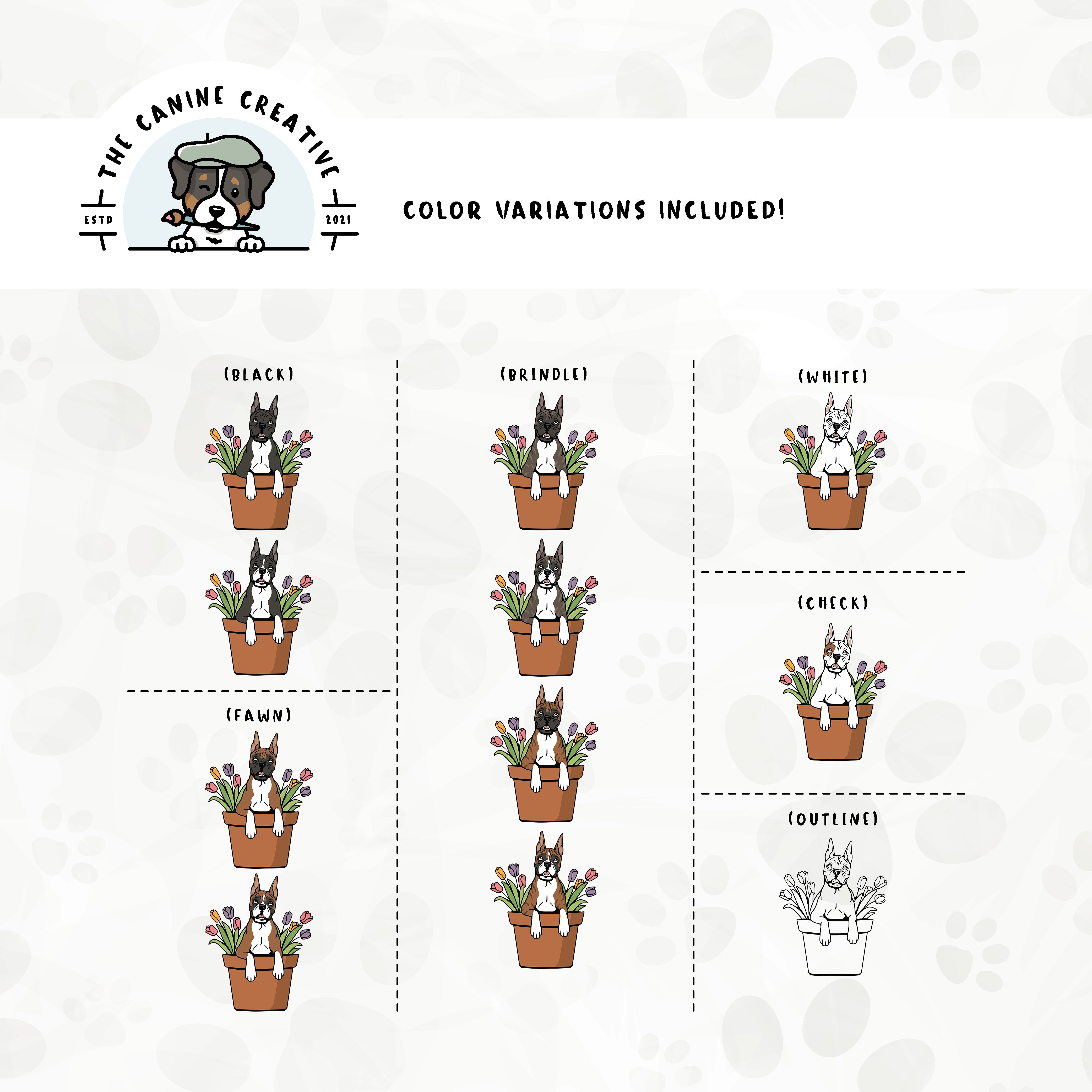 Dog color variations for this Boxer dog design set includes common color and marking variations found in this breed (white, fawn, black, brindle, flashy, classic, and check), as well as an outline option.