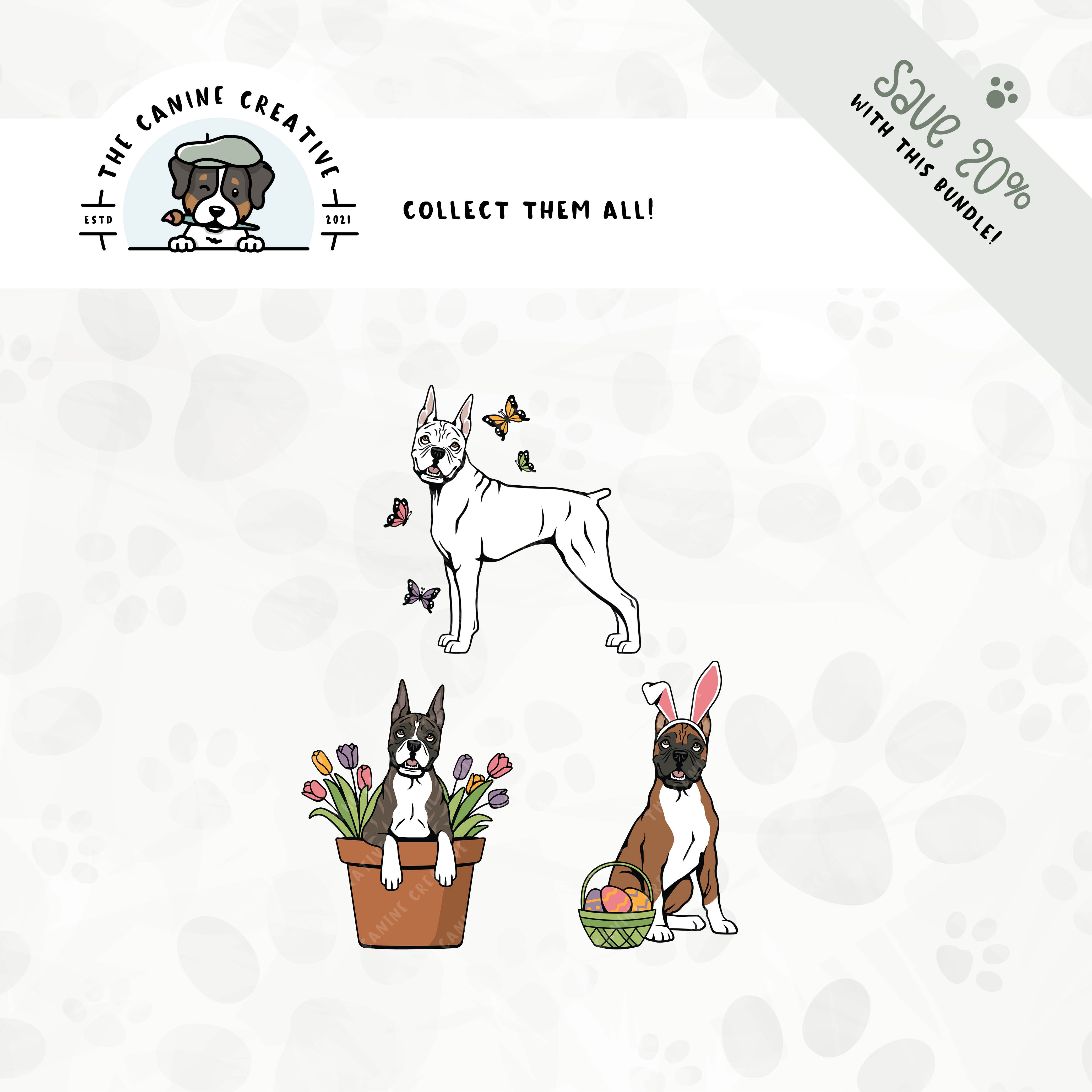 Save 20% with our related 3-pack springtime design bundle featuring Boxer dogs with cropped ears and docked tails!