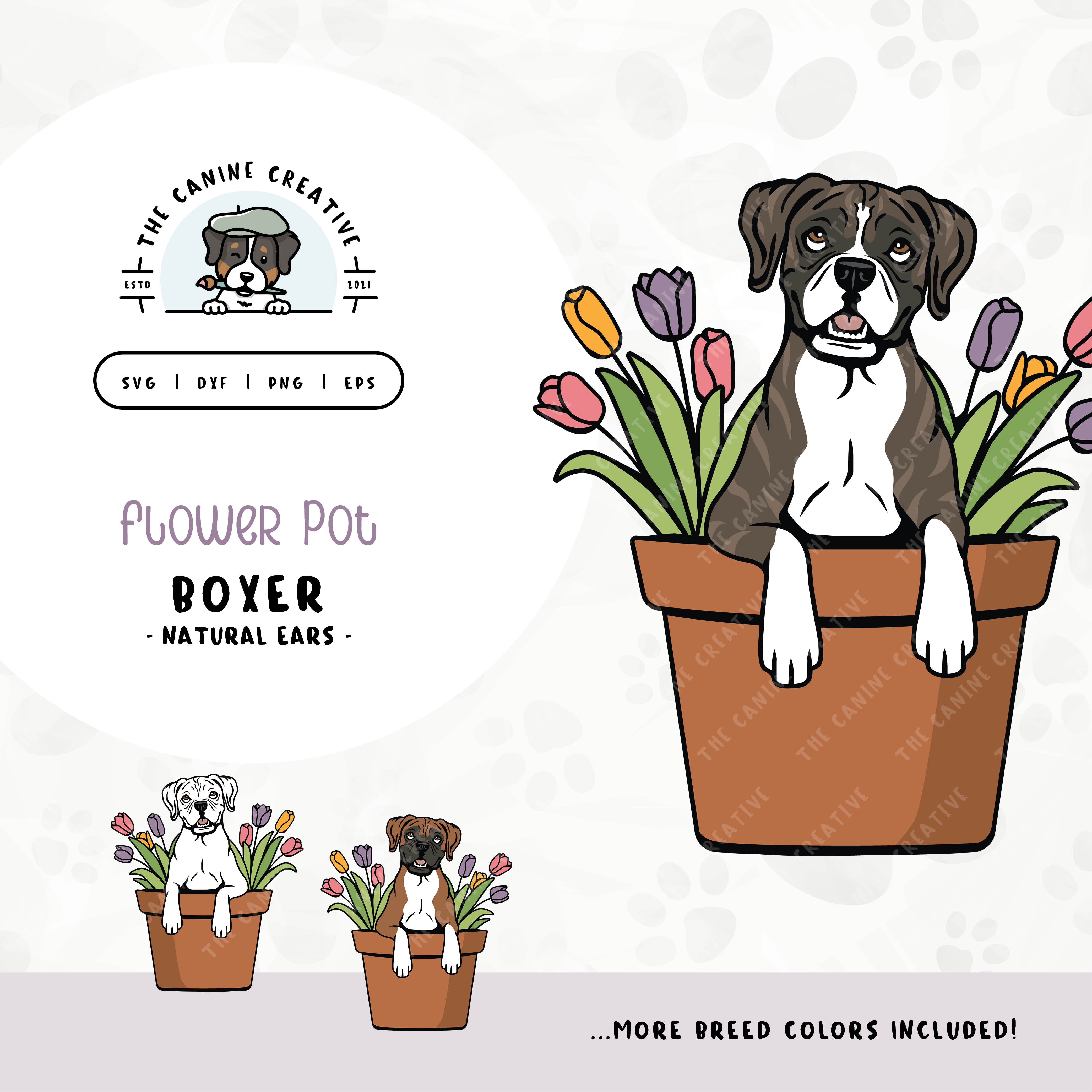 This springtime illustration features a Boxer dog with floppy ears peeking out of a pot of vibrant tulips. File formats include: SVG, DXF, PNG, and EPS.