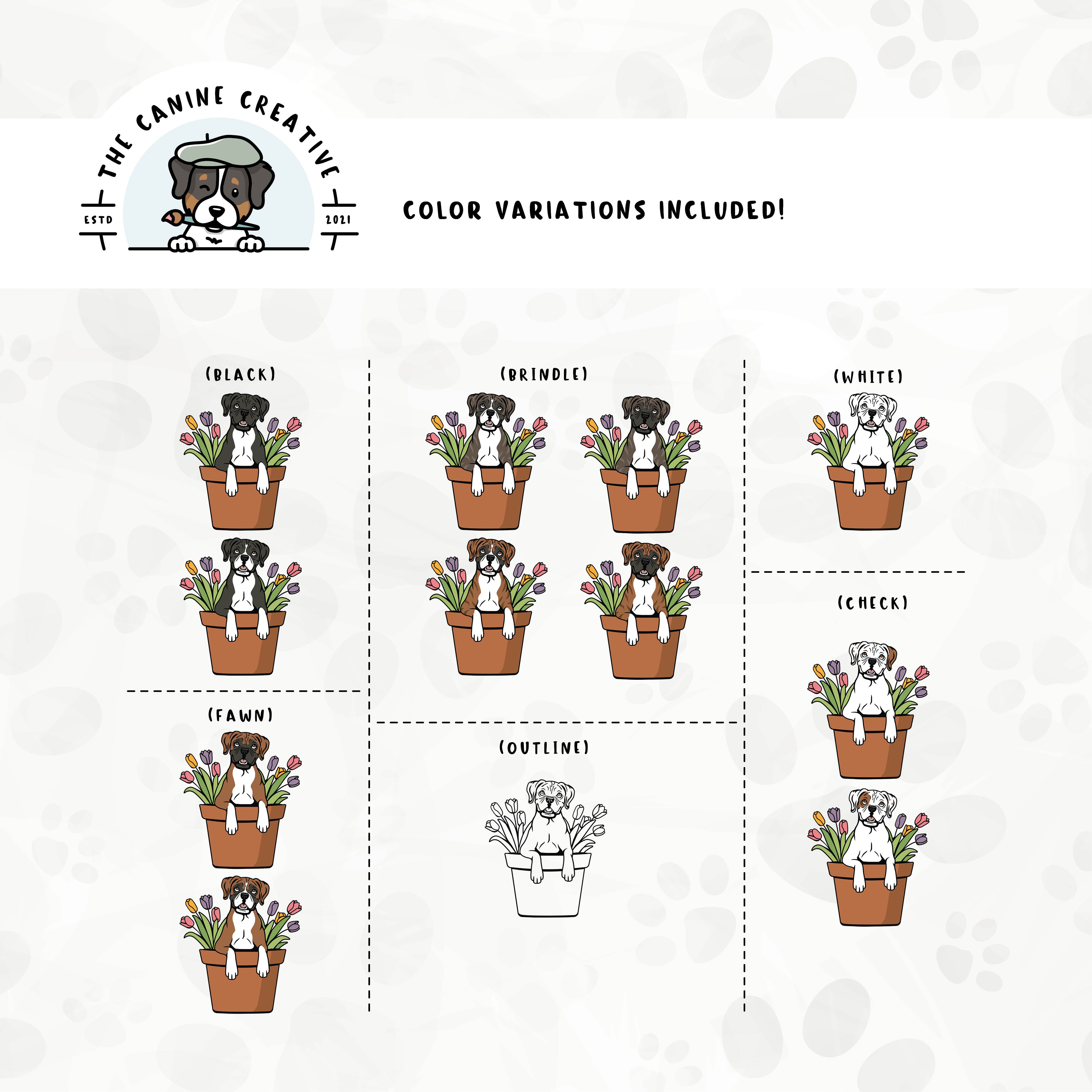 Dog color variations for this Boxer dog design set includes common color and marking variations found in this breed (white, fawn, black, brindle, flashy, classic, and check), as well as an outline option.
