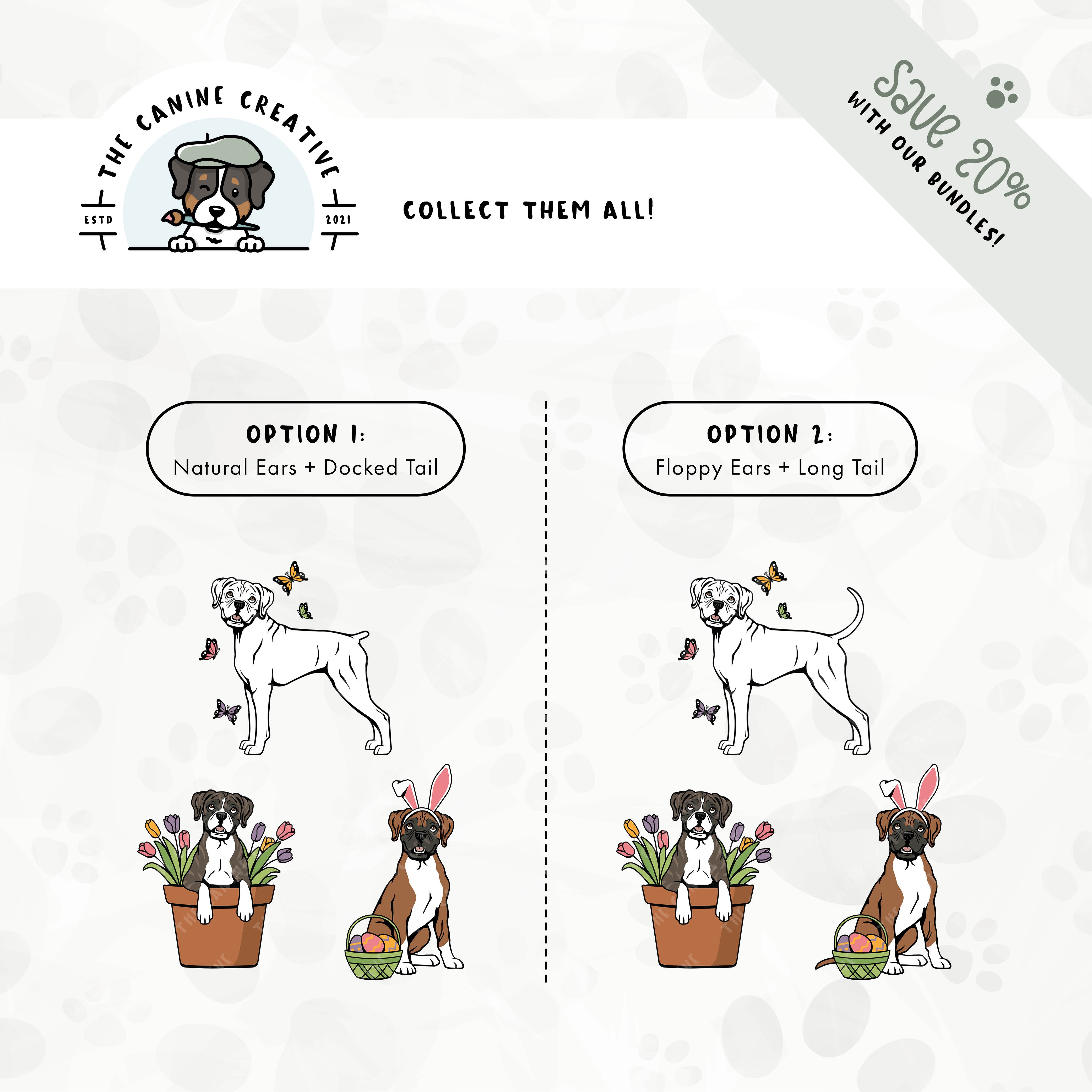 Save 20% with one of our related 3-pack springtime design bundles featuring Boxer dogs with floppy ears and either docked or long tails!