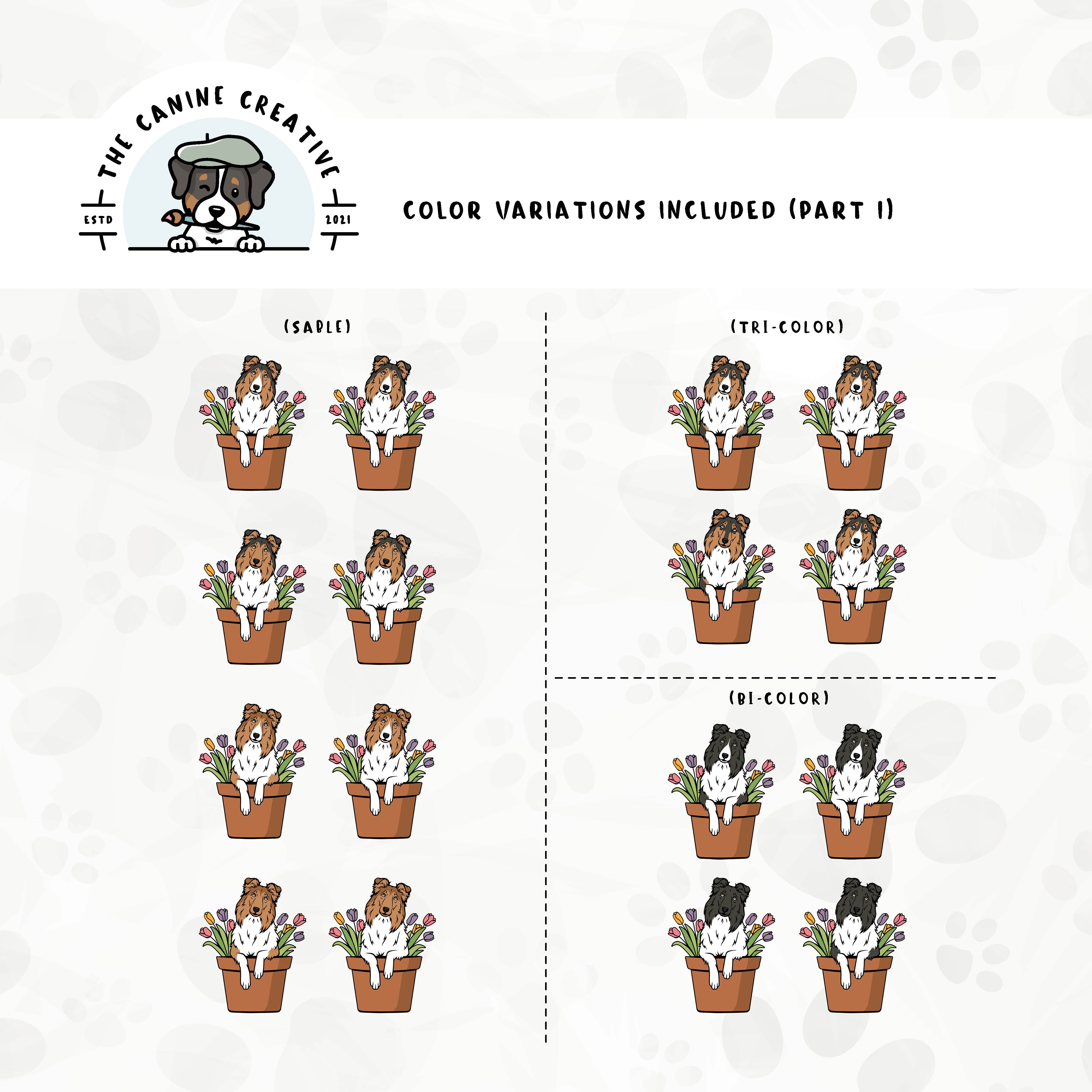 Part 1 of dog color variations for each design in this bundle includes bi-black, sable, and tri-color in standard and white-factored markings.
