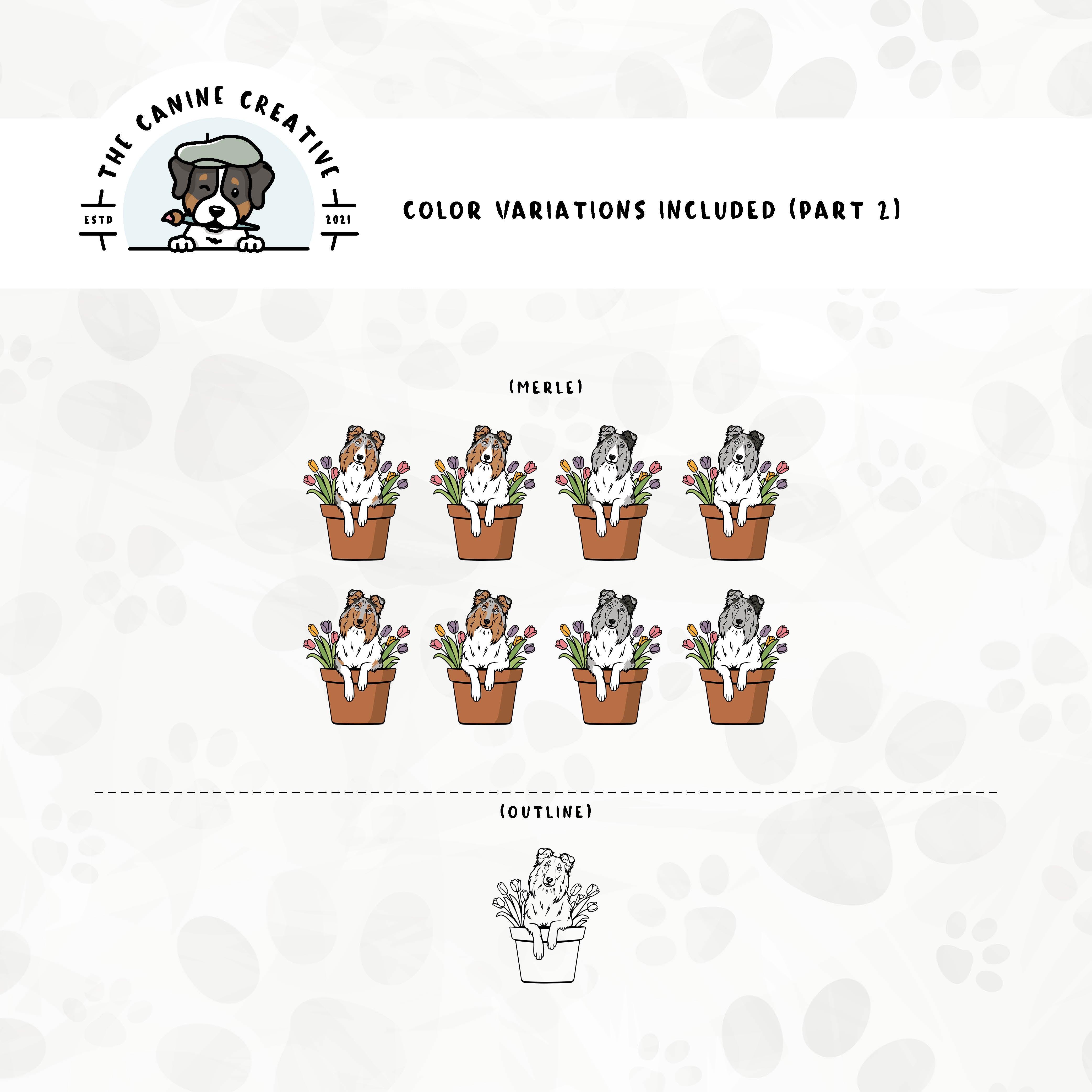 Part 2 of dog color variations for each design in this bundle includes bi-blue and merle in standard and white-factored markings as well as an outline version.