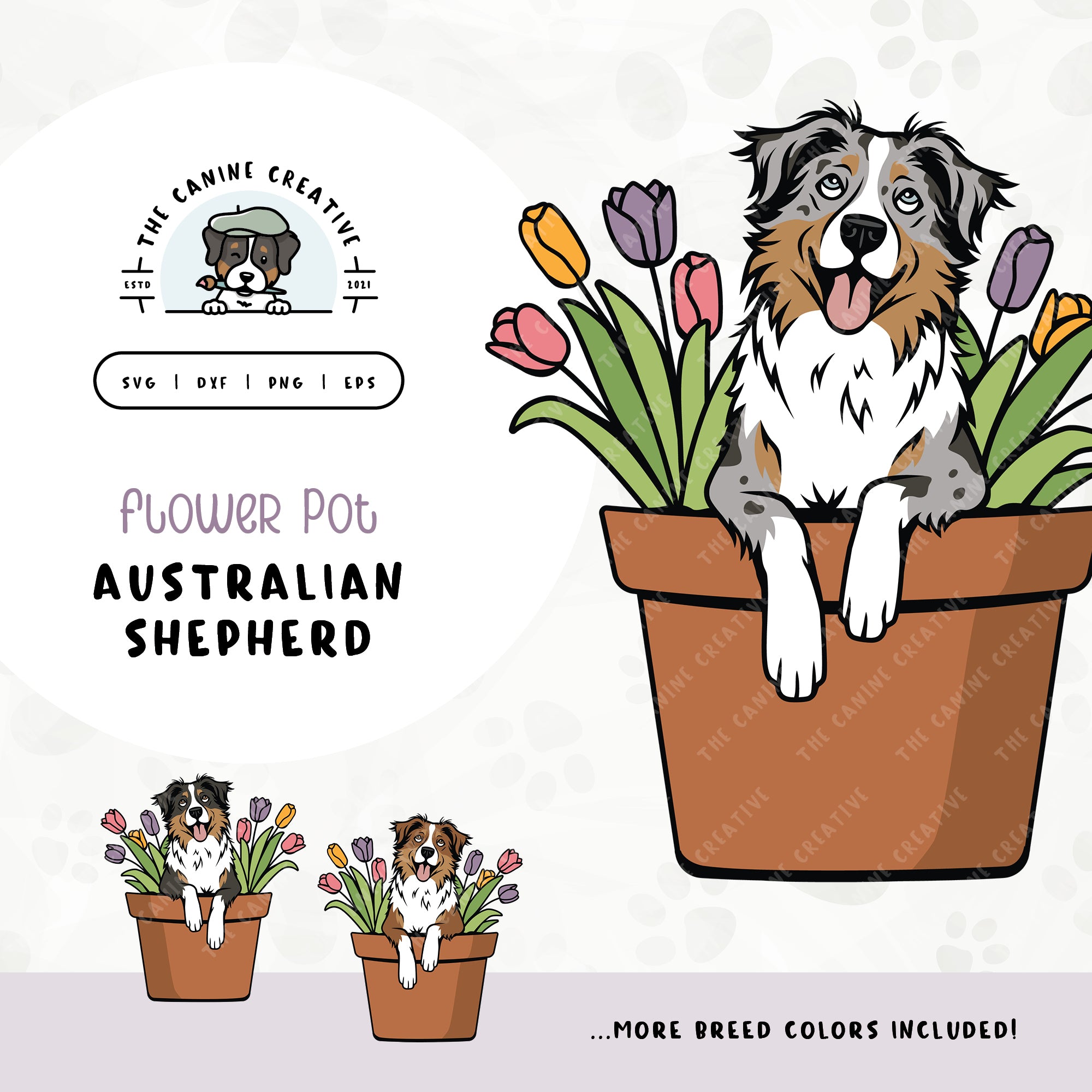 This springtime illustration features an Australian Shepherd peeking out of a pot of vibrant tulips. File formats include: SVG, DXF, PNG, and EPS.