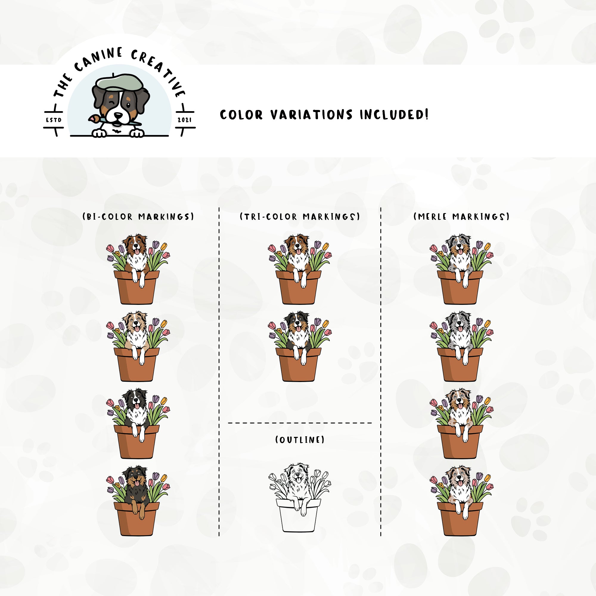 Dog color variations for this design set includes common color and marking variations found in Aussies (bi, tri, and Merle), as well as an outline option. 