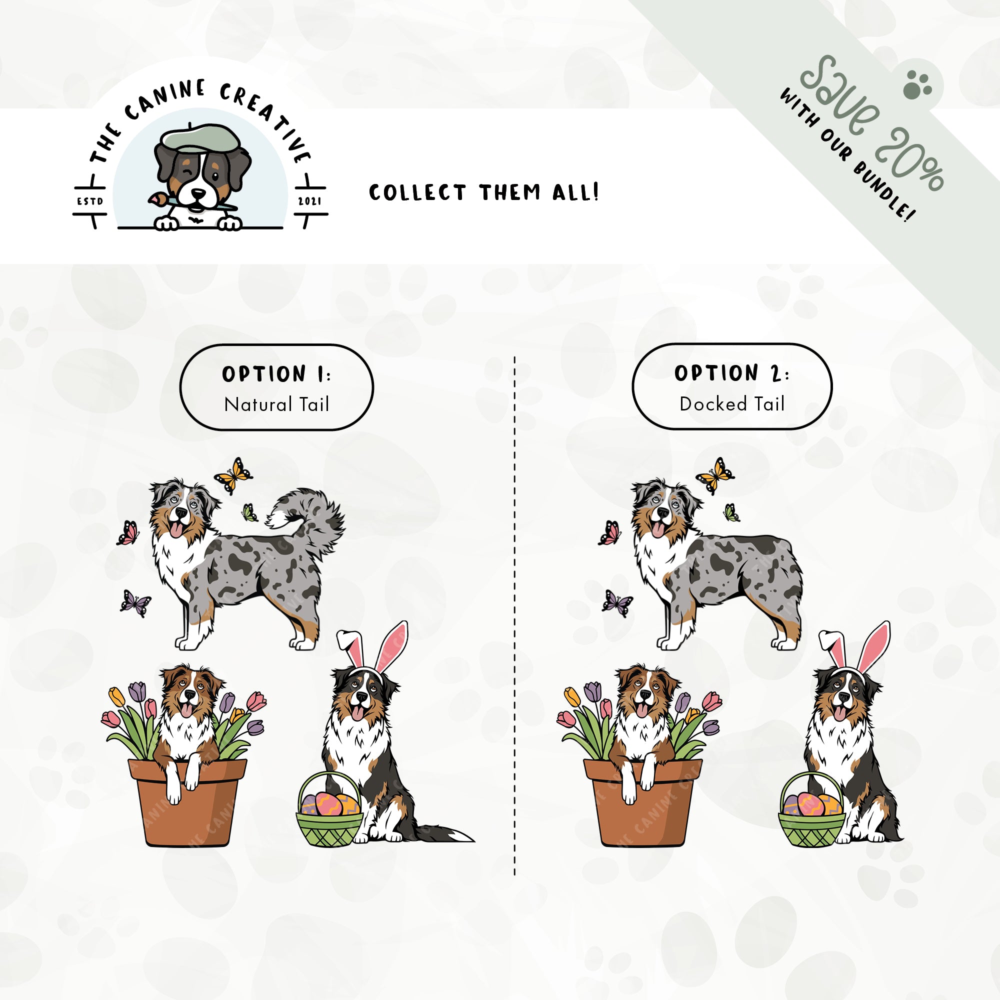 Save 20% with one of our related 3-pack springtime design bundles featuring Australian Shepherds with long or docked tails!