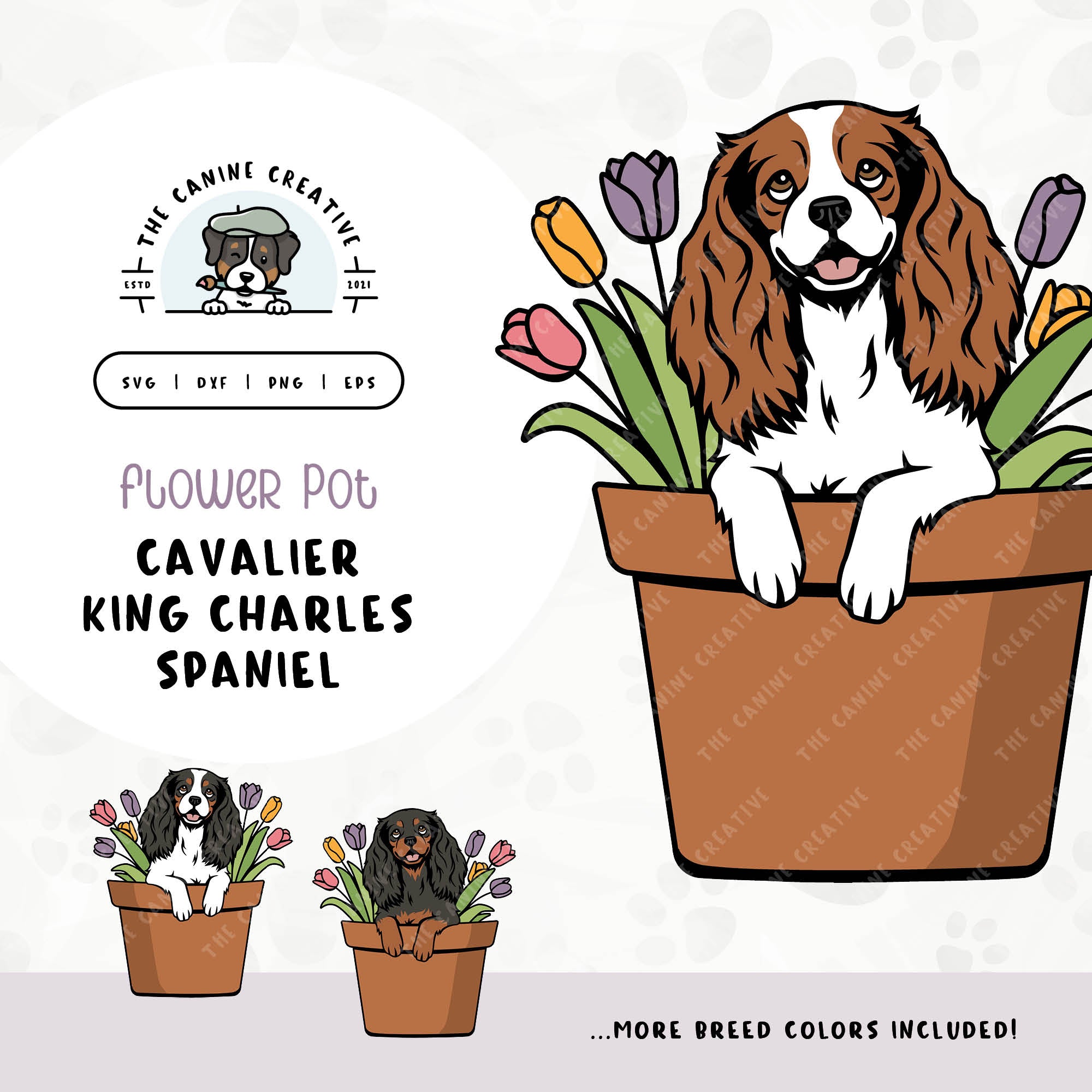 This springtime illustration features a Cavalier King Charles Spaniel peeking out of a pot of vibrant tulips. File formats include: SVG, DXF, PNG, and EPS.