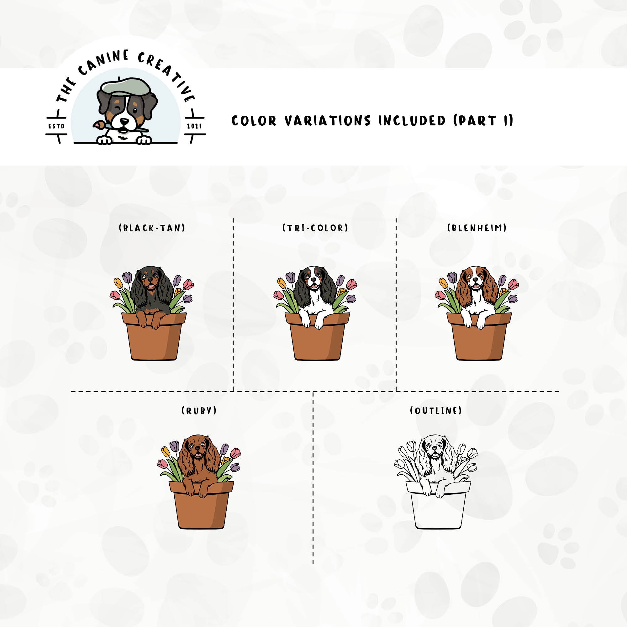 Dog color variations for this Cavalier King Charles Spaniel design set includes common color and marking variations found in this breed (blenheim, tri-color, black-tan, and ruby), as well as an outline option.