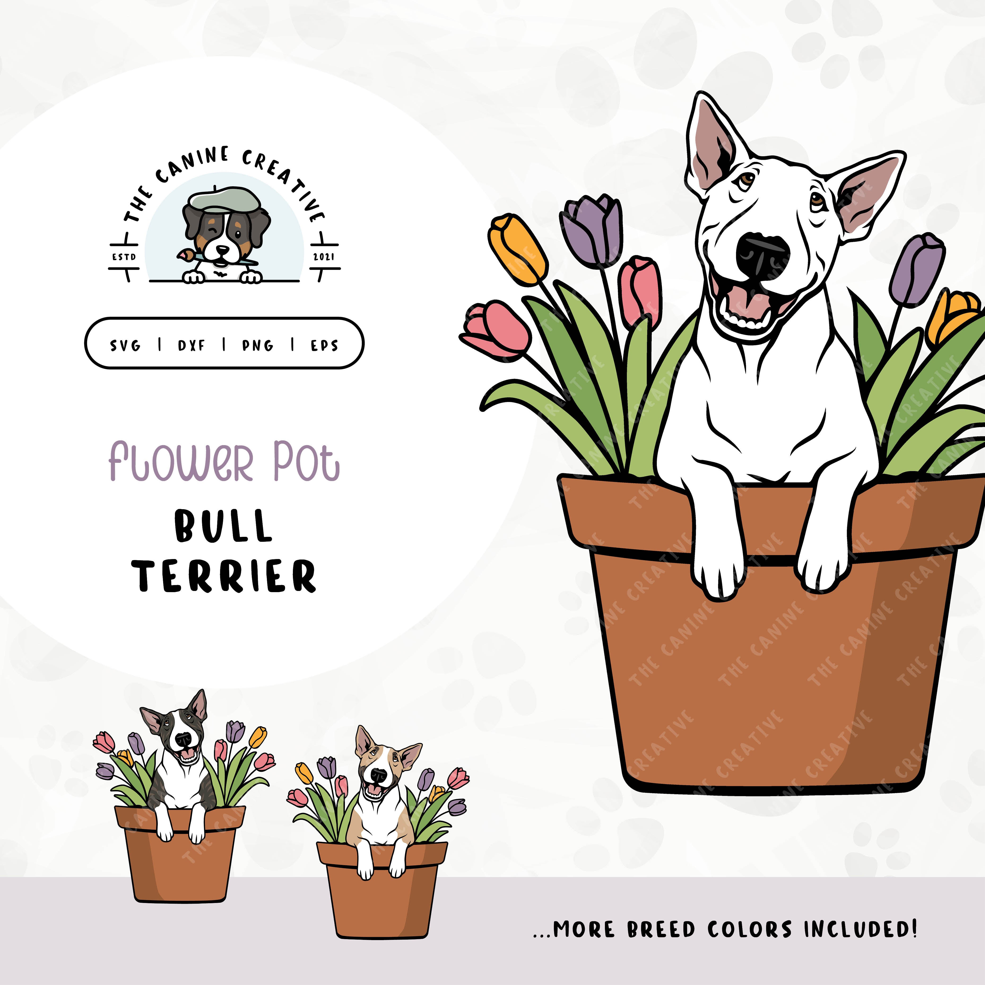 This springtime illustration features a Bull Terrier peeking out of a pot of vibrant tulips. File formats include: SVG, DXF, PNG, and EPS.