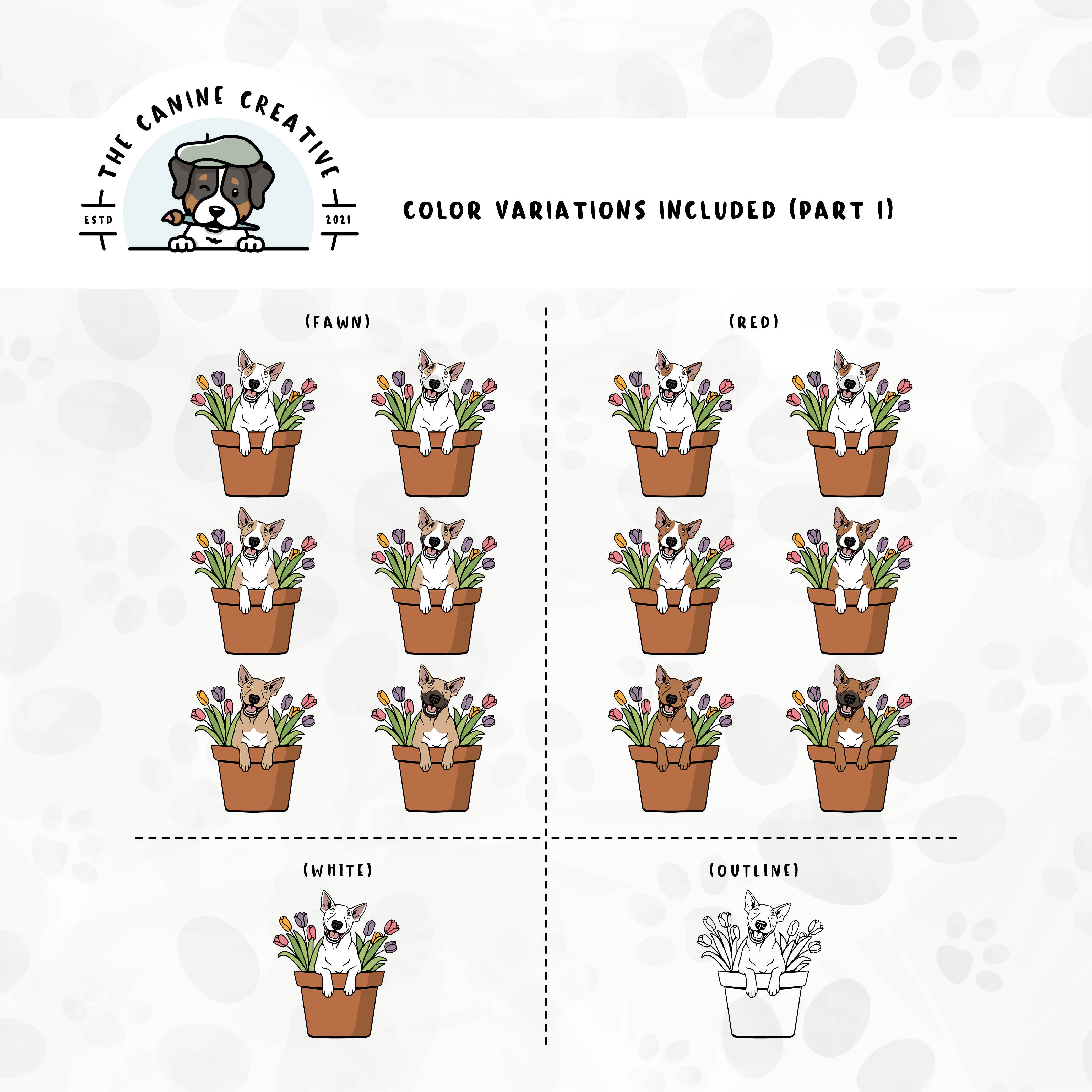 Part 1 of dog color variations for this design set includes common color and marking variations found in this Bully breed (white, bi-color, and smut), as well as an outline option.