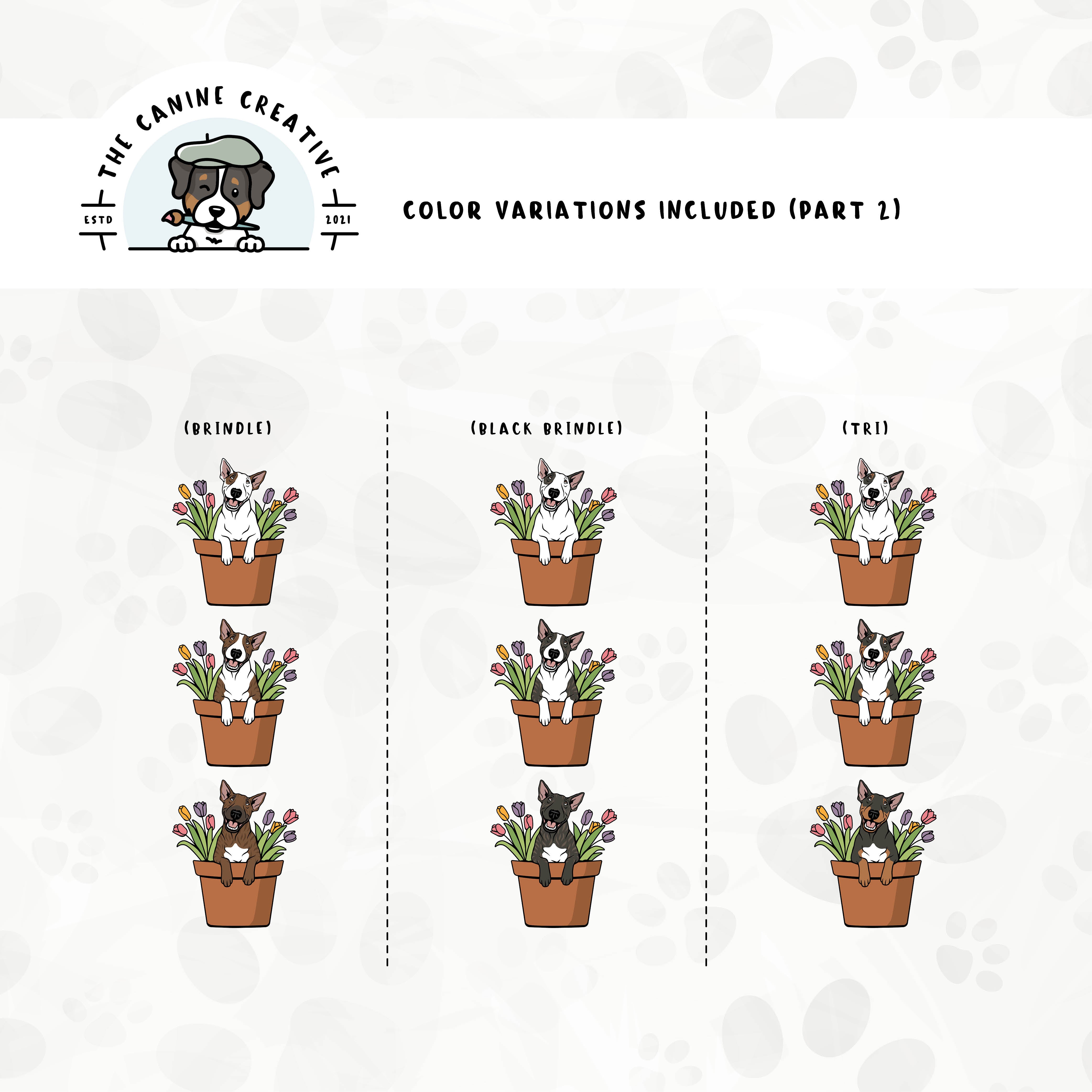 Part 2 of dog color variations for this design set includes common color and marking variations found in this Bully breed (brindle and tri-color).