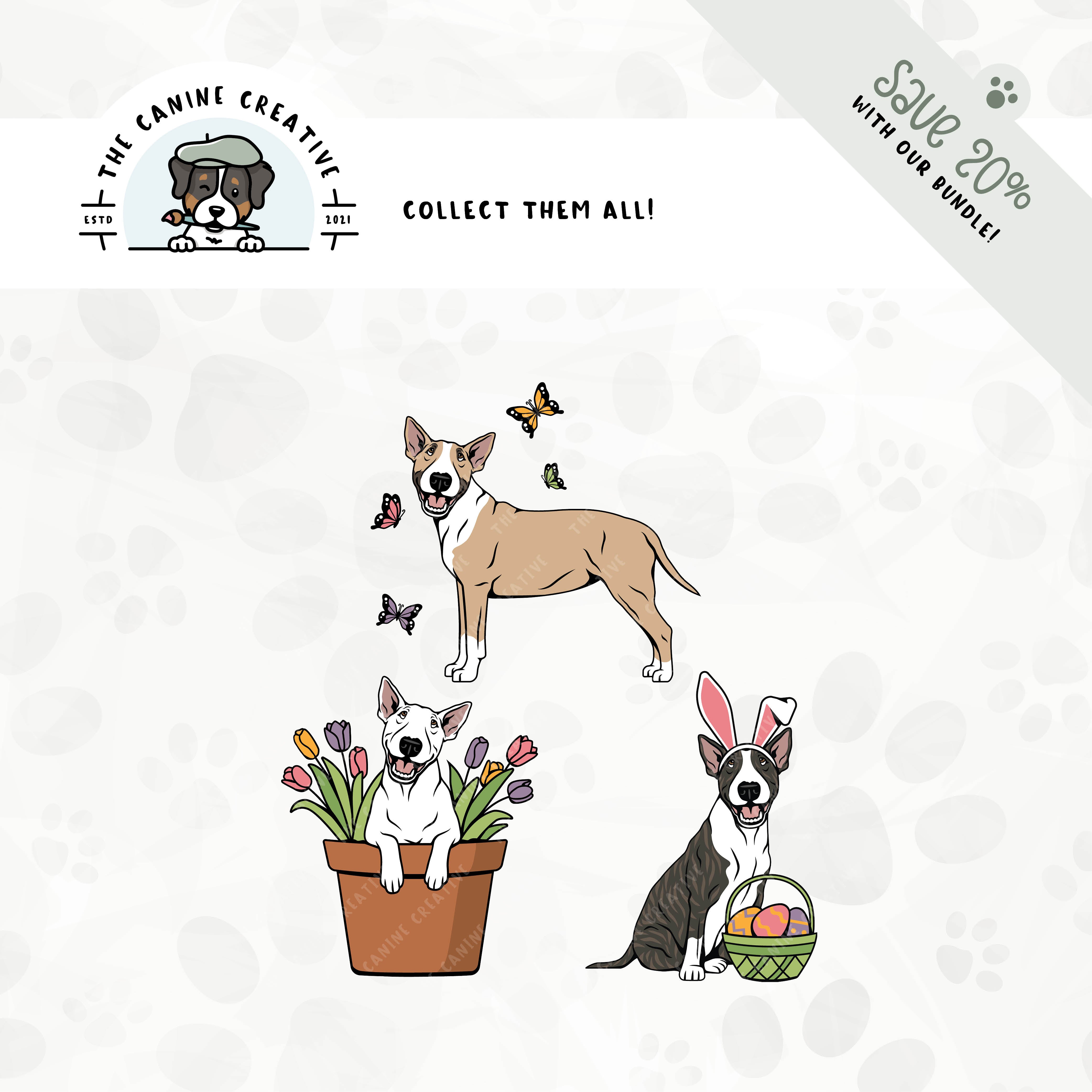 Save 20% with one of our related 3-pack springtime design bundles featuring Bull Terriers!