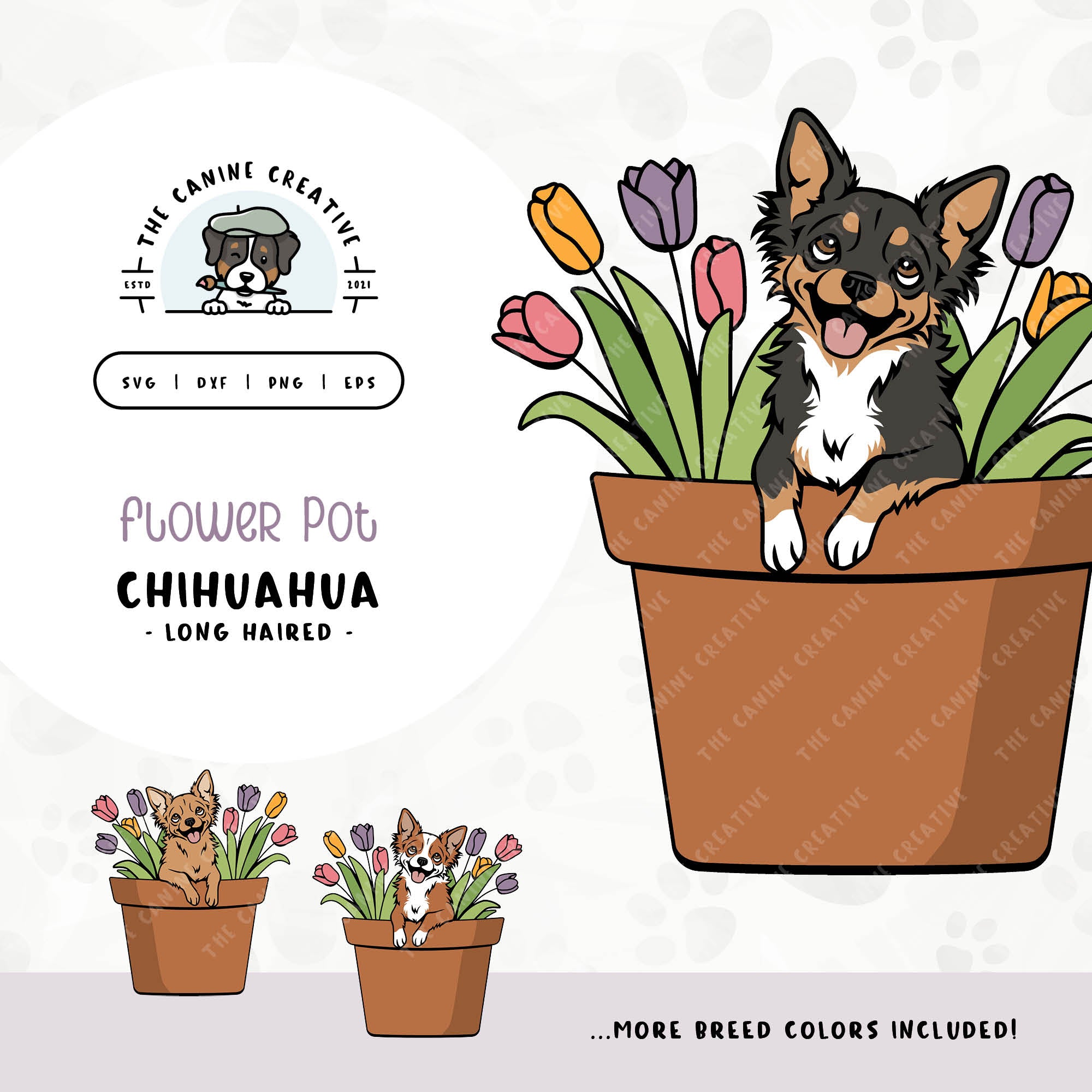 This springtime illustration features a Long Haired Chihuahua peeking out of a pot of vibrant tulips. File formats include: SVG, DXF, PNG, and EPS.