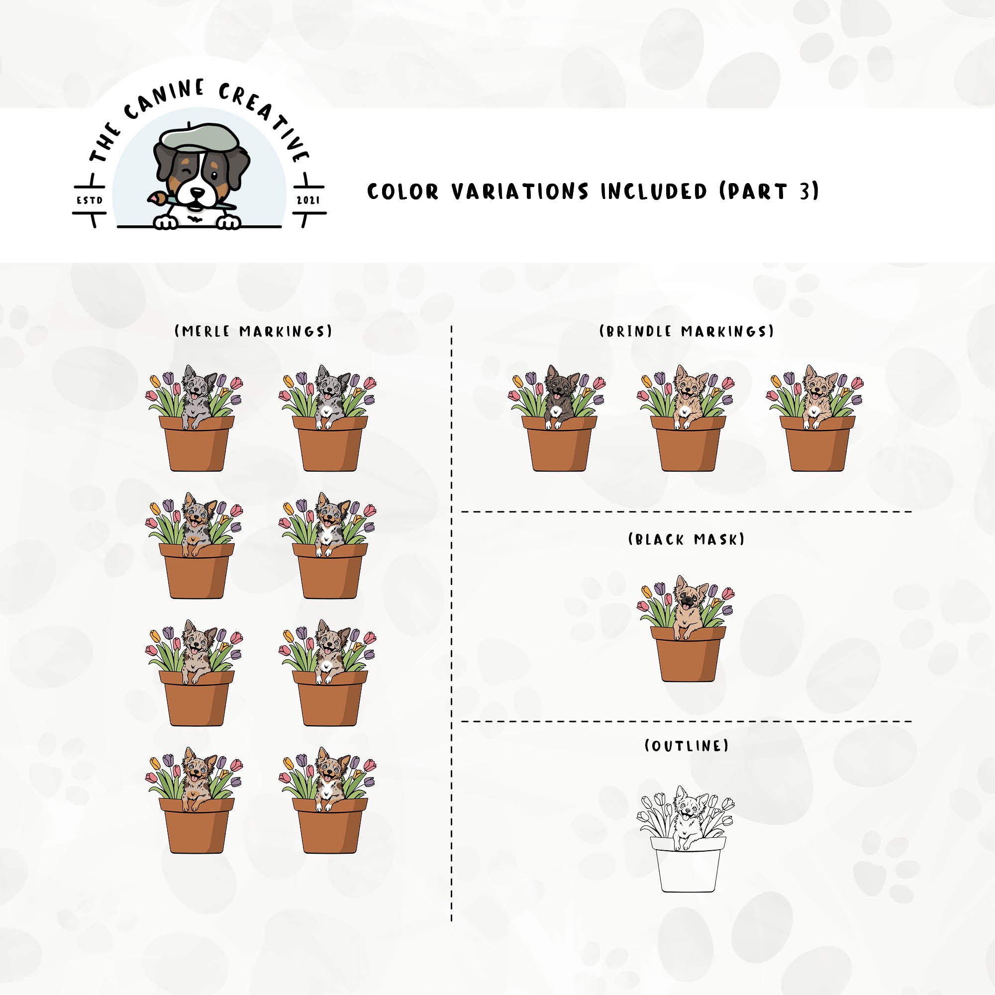 Part 3 of this design set includes Chihuahuas with merle, brindle, and black mask markings, along with an outline option.