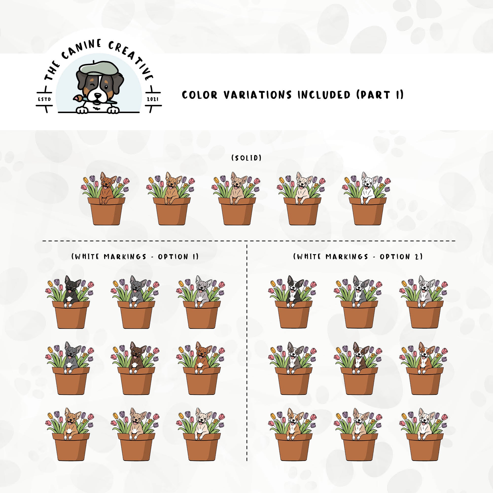 Part 1 of this design set includes common Chihuahua colors, both solid and with white markings.