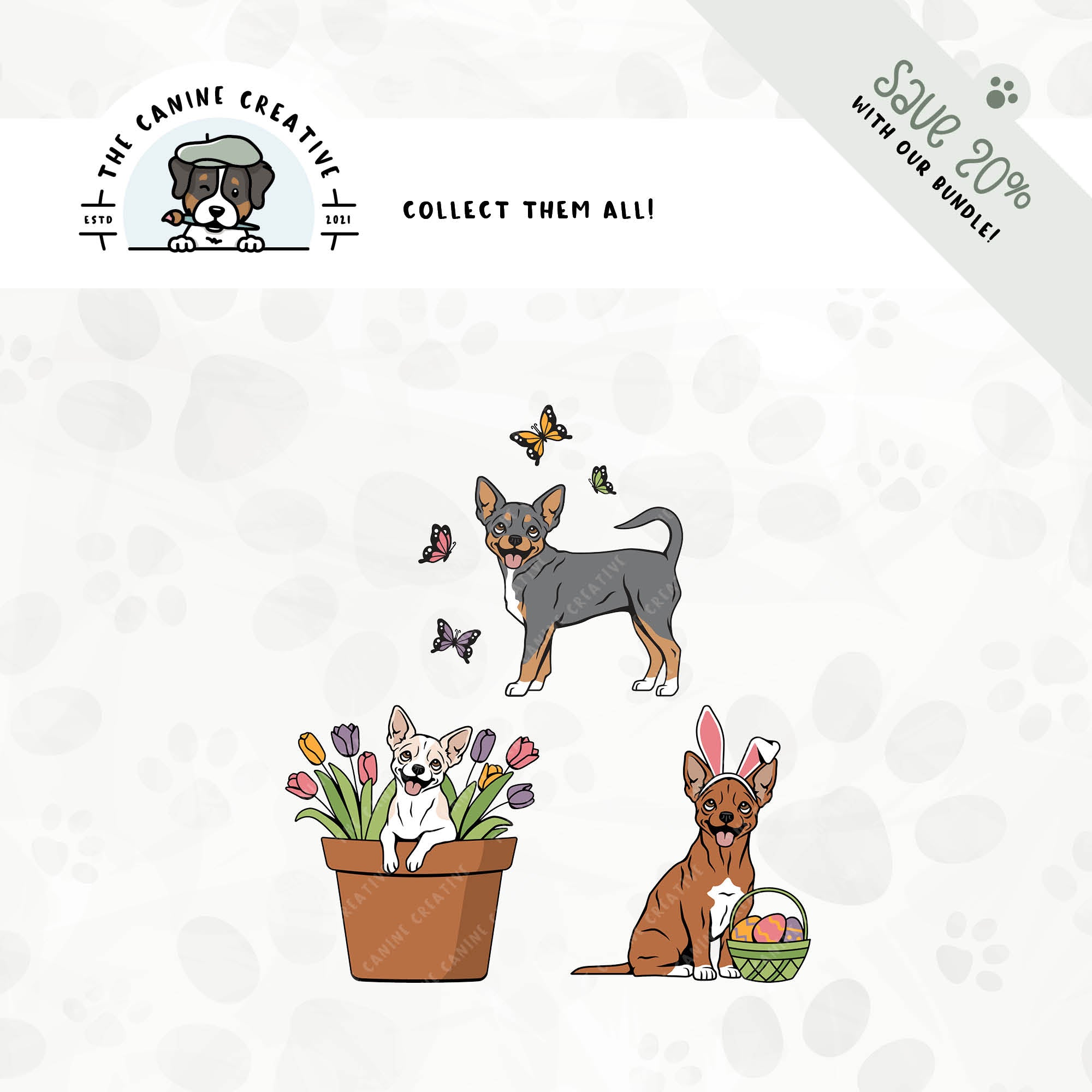 Save 20% with our related 3-pack springtime design bundles featuring Long Haired Chihuahuas!