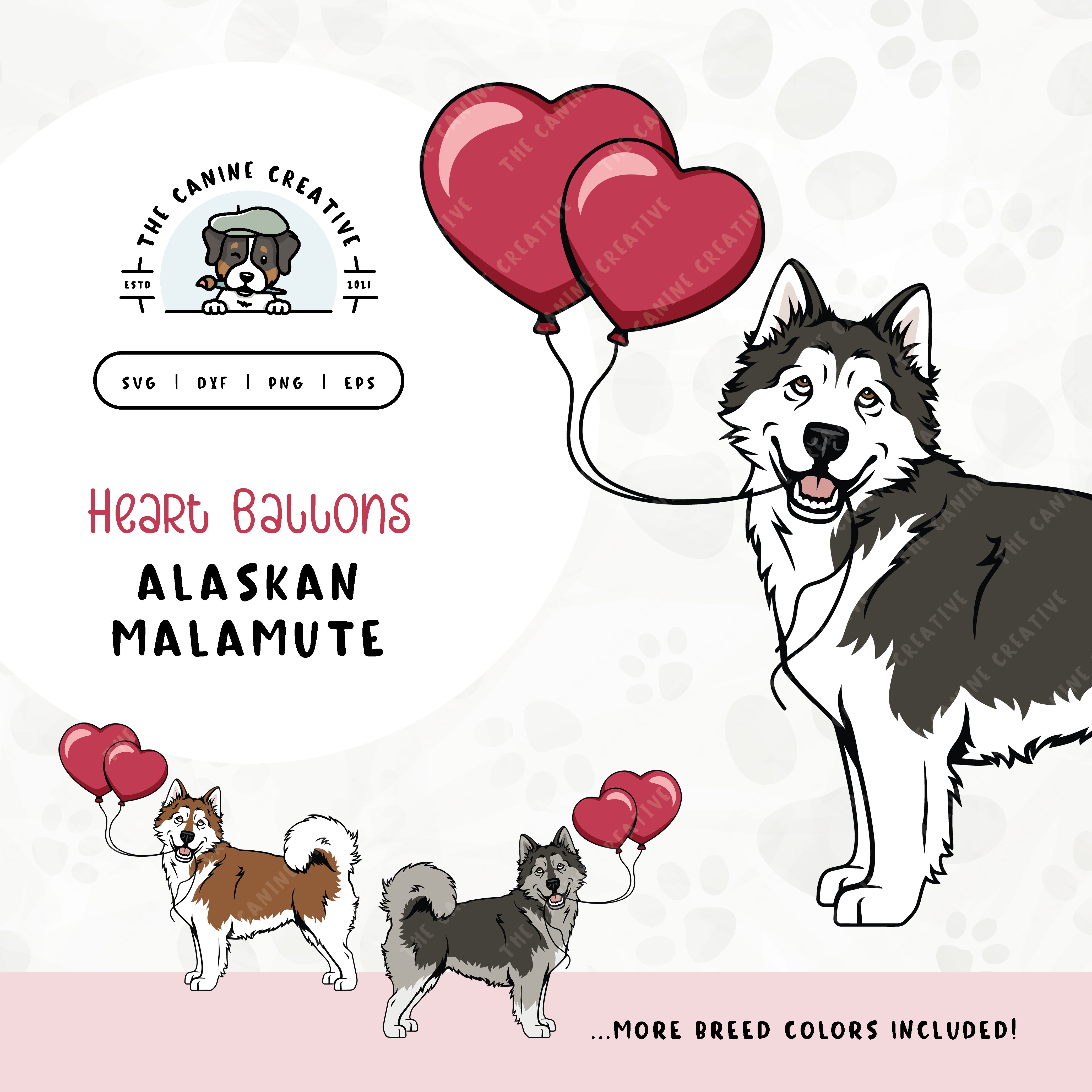 This charming illustration of an Alaskan Malamute features a dog holding heart-shaped balloons. File formats include: SVG, DXF, PNG, and EPS.