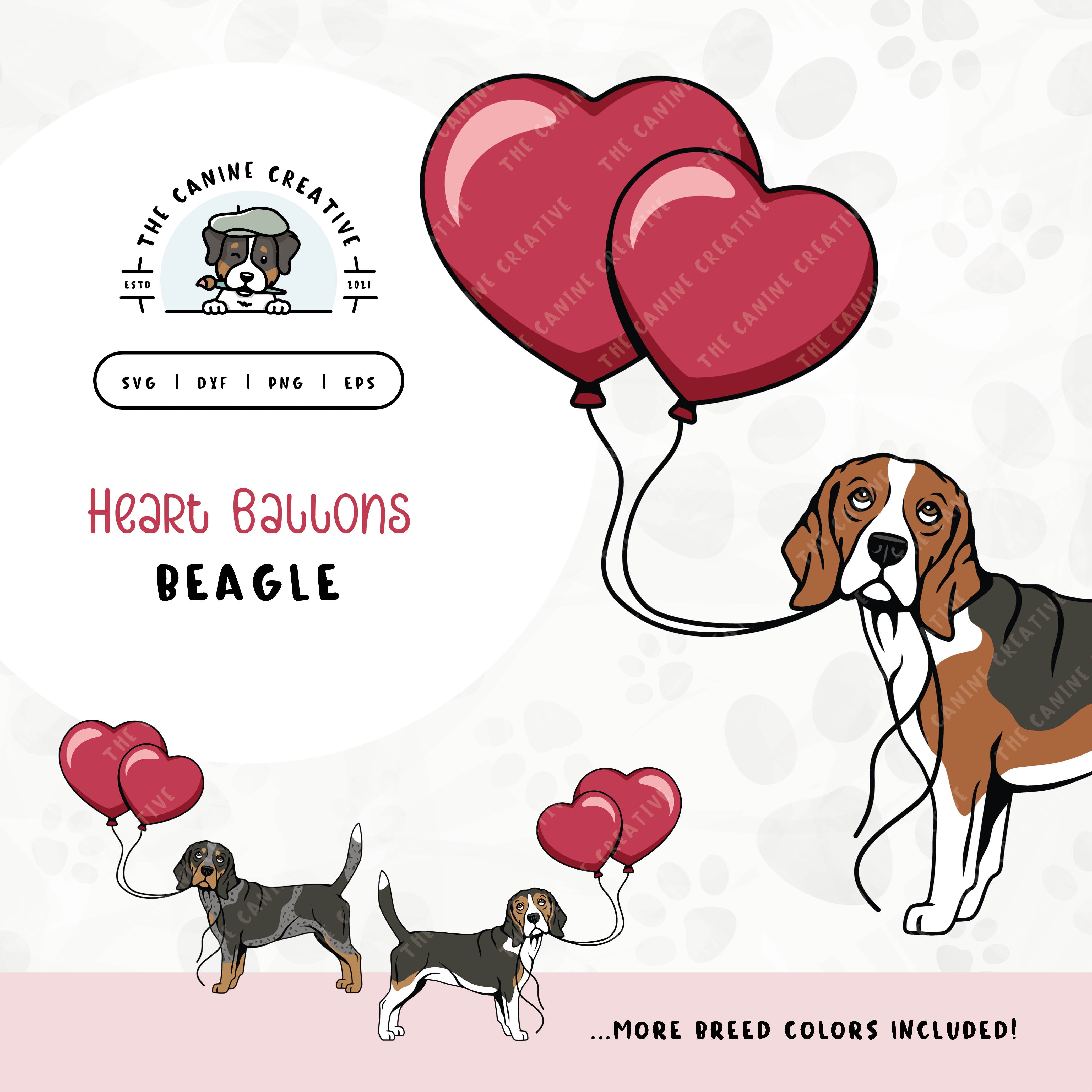 This charming illustration of a Beagle features a dog holding heart-shaped balloons. File formats include: SVG, DXF, PNG, and EPS.