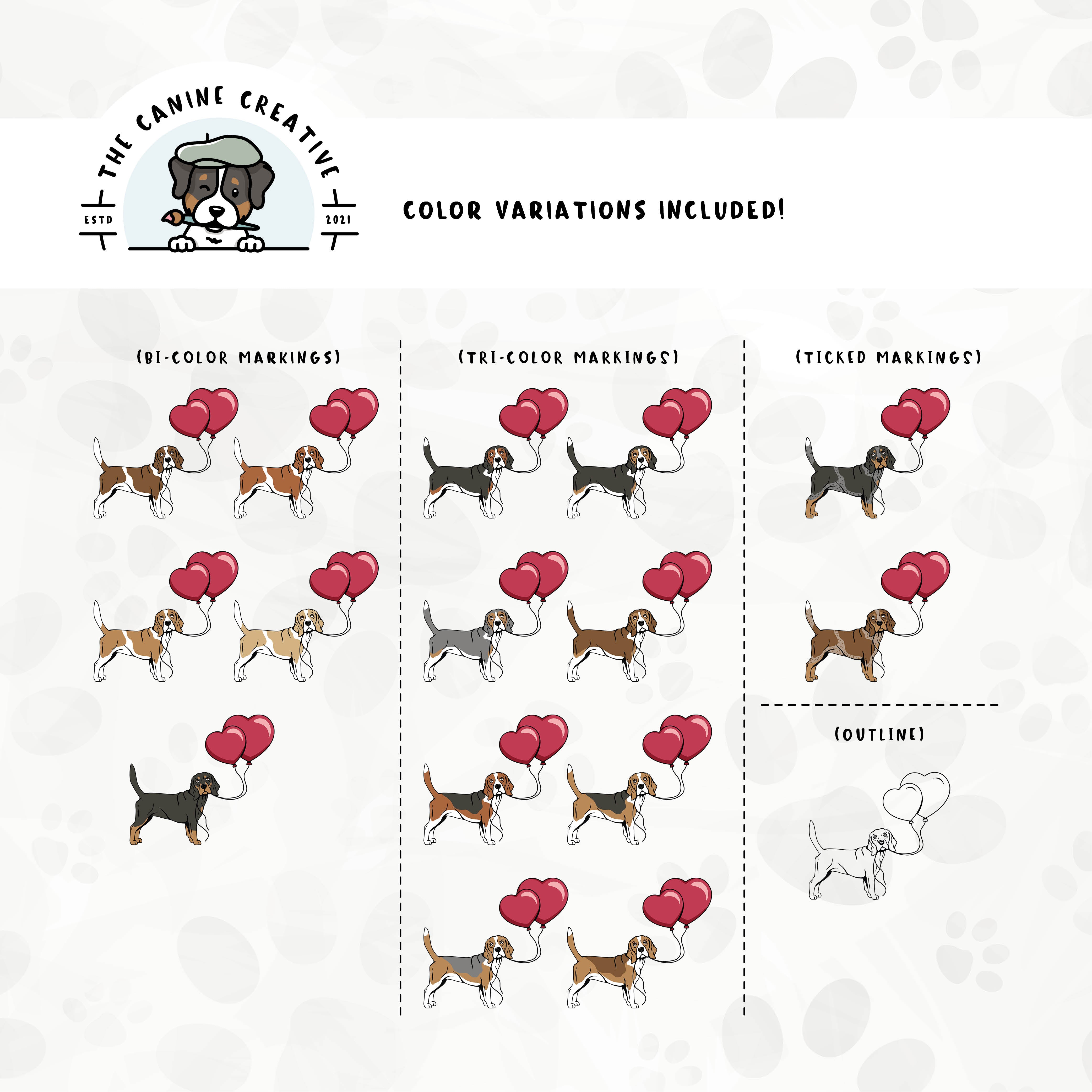Dog color variations for this design set includes common color and marking variations found in Beagles (bi-color, tri-color, and ticked), as well as an outline option. 