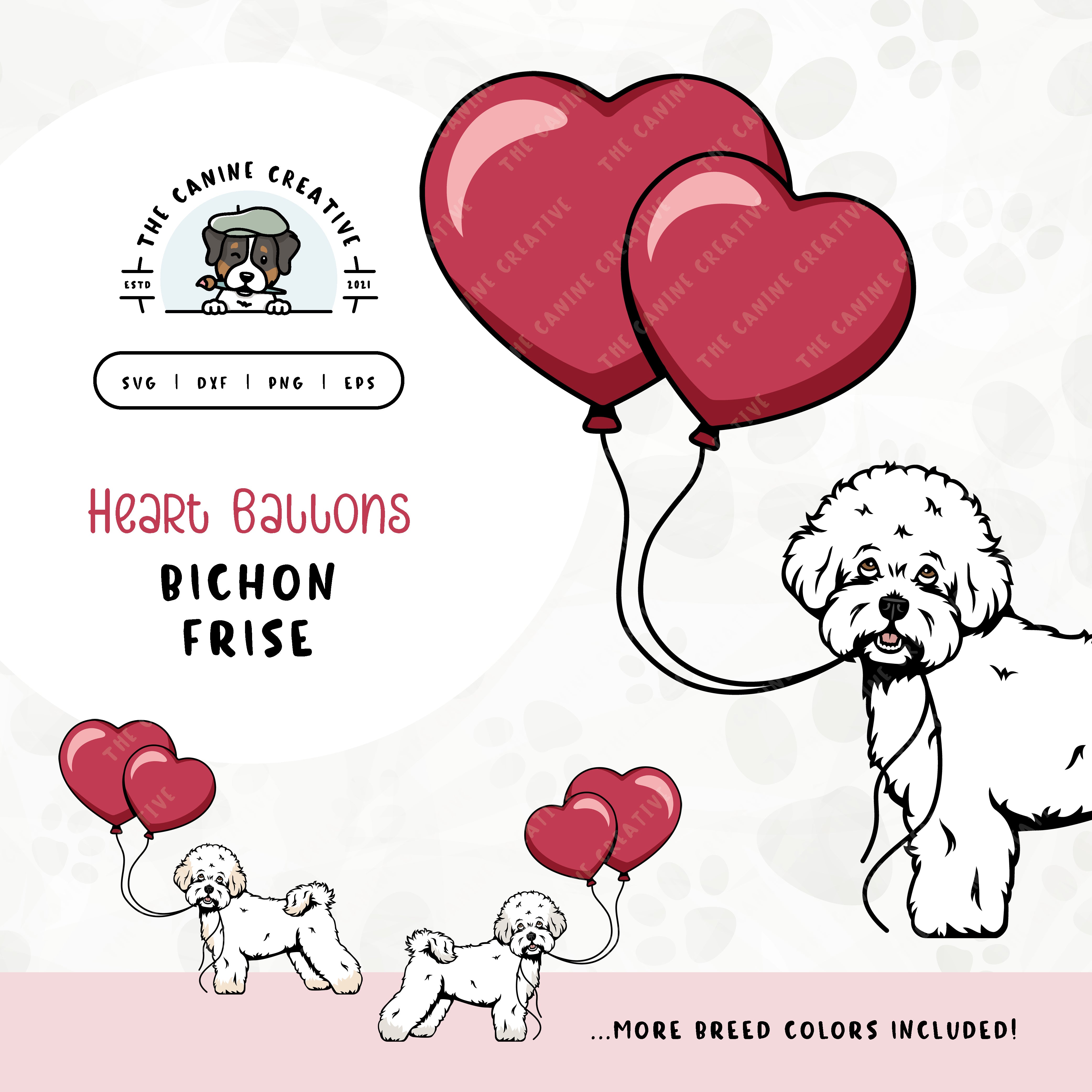 This charming illustration of a Bichon Frise features a dog holding heart-shaped balloons. File formats include: SVG, DXF, PNG, and EPS.
