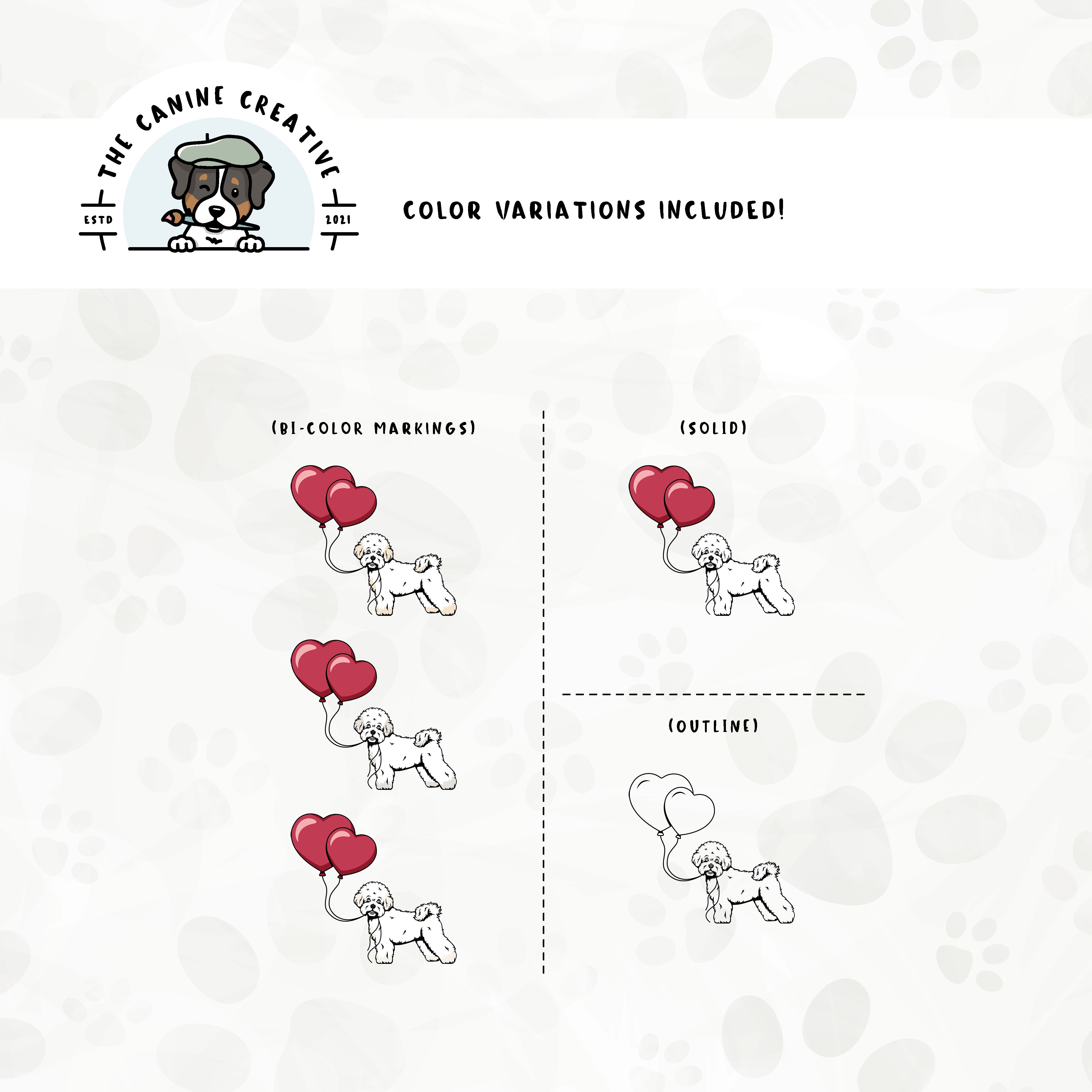 Dog color variations for this design set includes common color and marking variations found in Bichons (white, buff, apricot, and cream), as well as an outline option. 