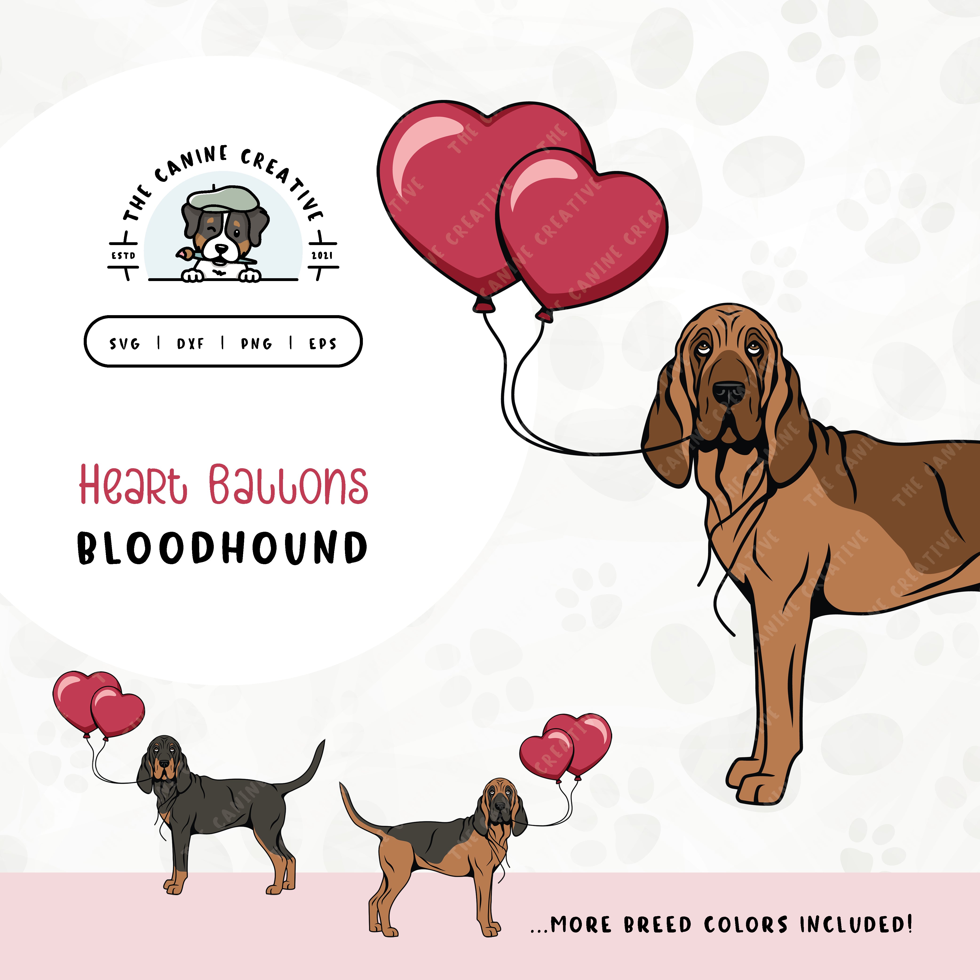 This charming illustration of a Bloodhound features a dog holding heart-shaped balloons. File formats include: SVG, DXF, PNG, and EPS.