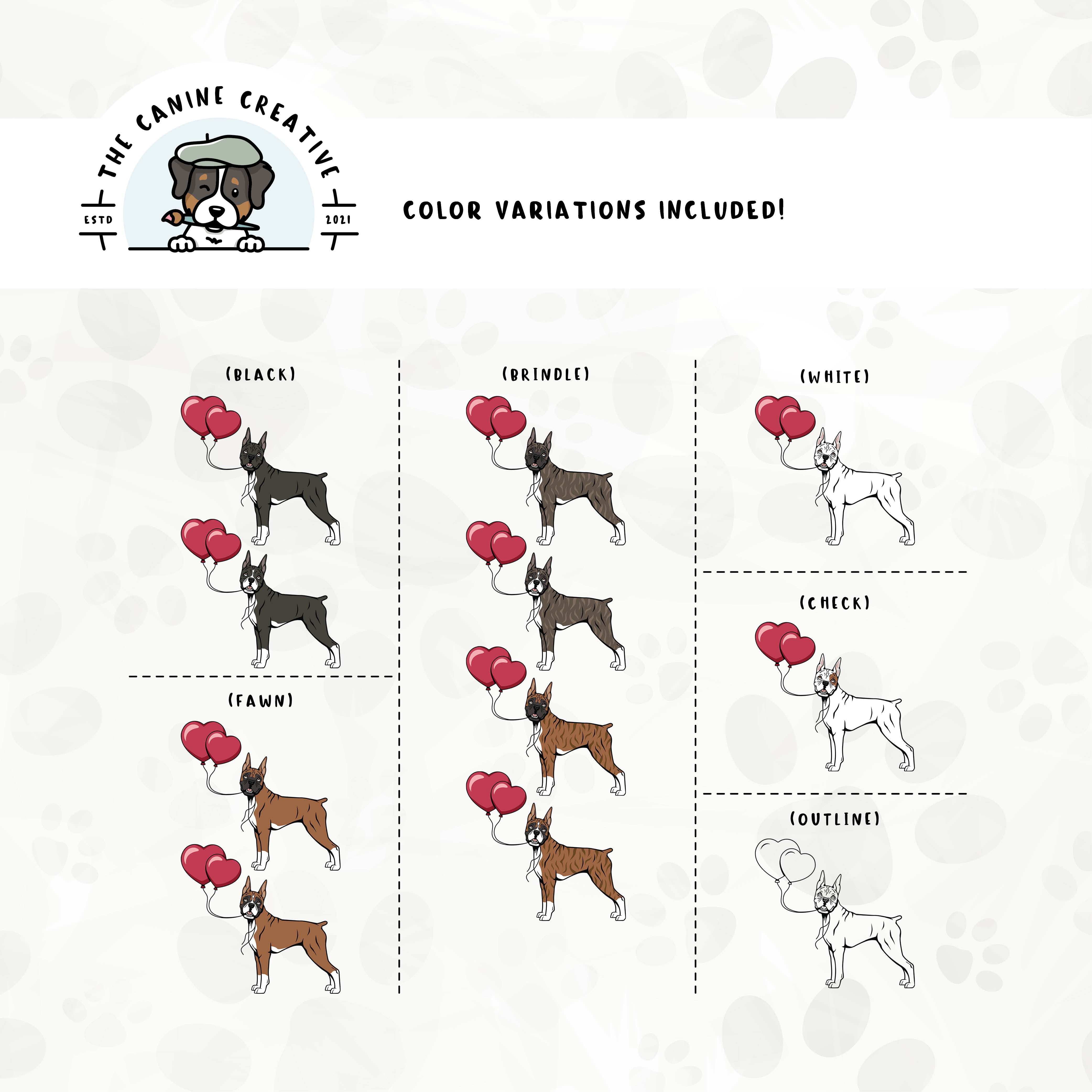 Dog color variations for this Boxer dog design set includes common color and marking variations found in this breed (white, fawn, black, brindle, flashy, classic, and check), as well as an outline option.