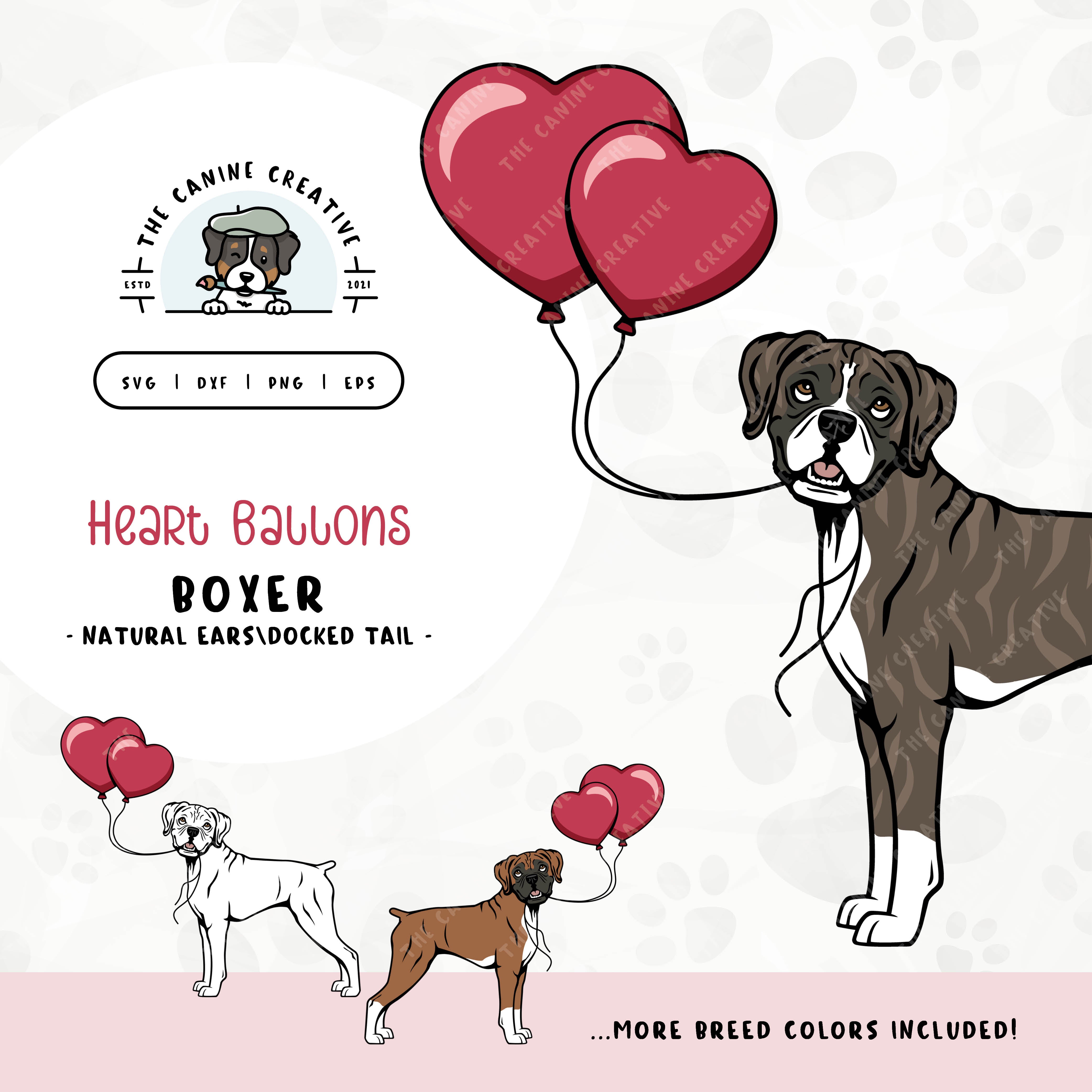 This charming illustration of a Boxer dog (floppy ears/docked tail edition) holding heart-shaped balloons. File formats include: SVG, DXF, PNG, and EPS.