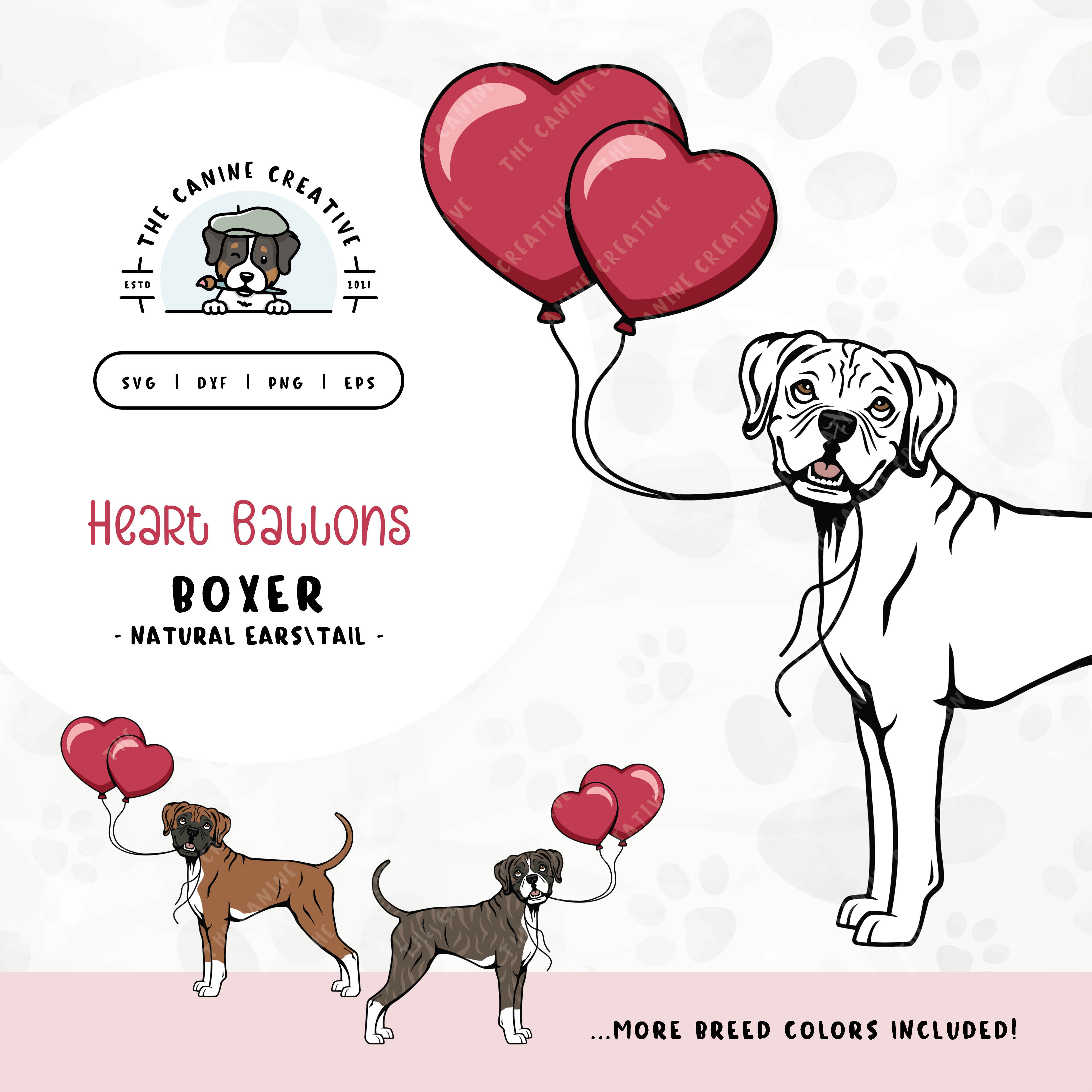 This charming illustration of a Boxer dog (floppy ears/long tail edition) holding heart-shaped balloons. File formats include: SVG, DXF, PNG, and EPS.